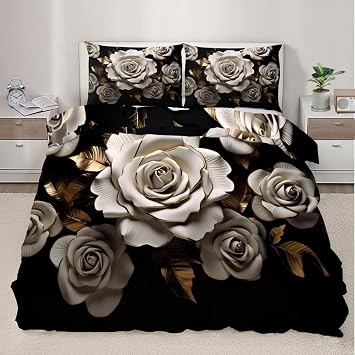 Embossed Rose Duvet Cover Full Size, White Gold Bedding, Luxury Royal Comforter Cover Set Microfiber 3pcs Washed Comfy Breathable with 2 Pillow Shams & Zipper Closure, 80"X90"