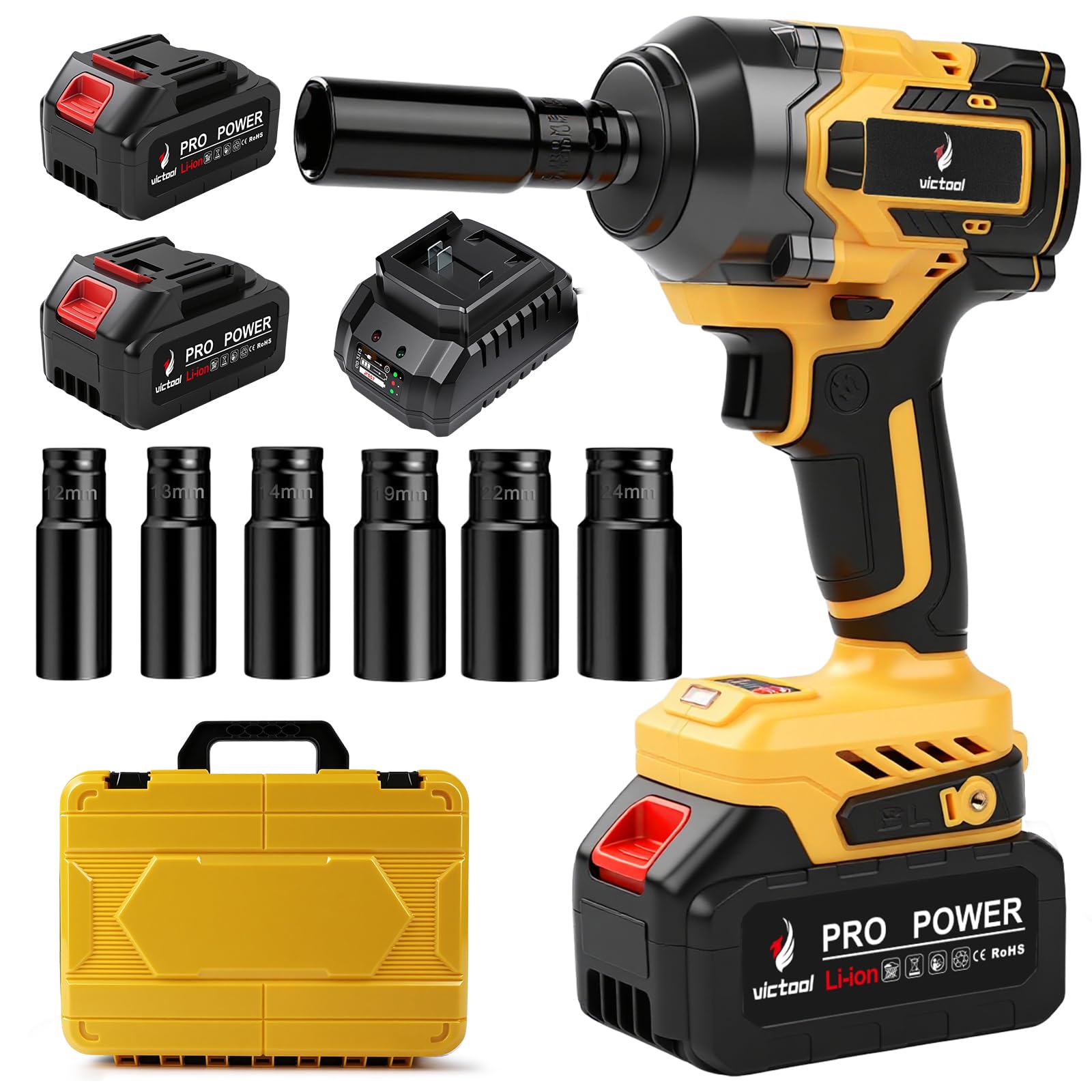 Victool Avvitatore a percussione, Avvitatore a Impulsi 650 N.m con Batteria 2 x 4,0 Ah, 6 Bussole, Luce LED, Senza Spazzole 1/2", avvitatore a percussione ad alta coppia per Auto Casa fai da te