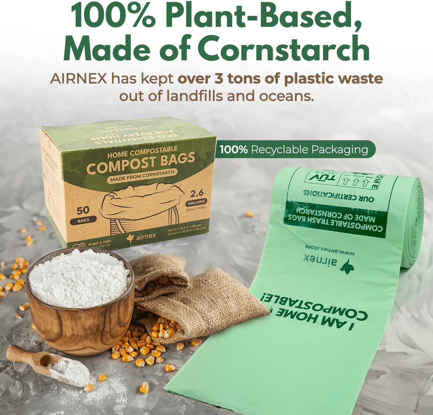 AIRNEX Small Compost Bags 2.6 Gal - 50 Compostable Kitchen Trash Bags for Countertop Bin - Cornstarch Leakproof & Tear-Resistant - OK Compost Home & Seedling Certified 0.18 mm Kitchen Garbage Bags image 4
