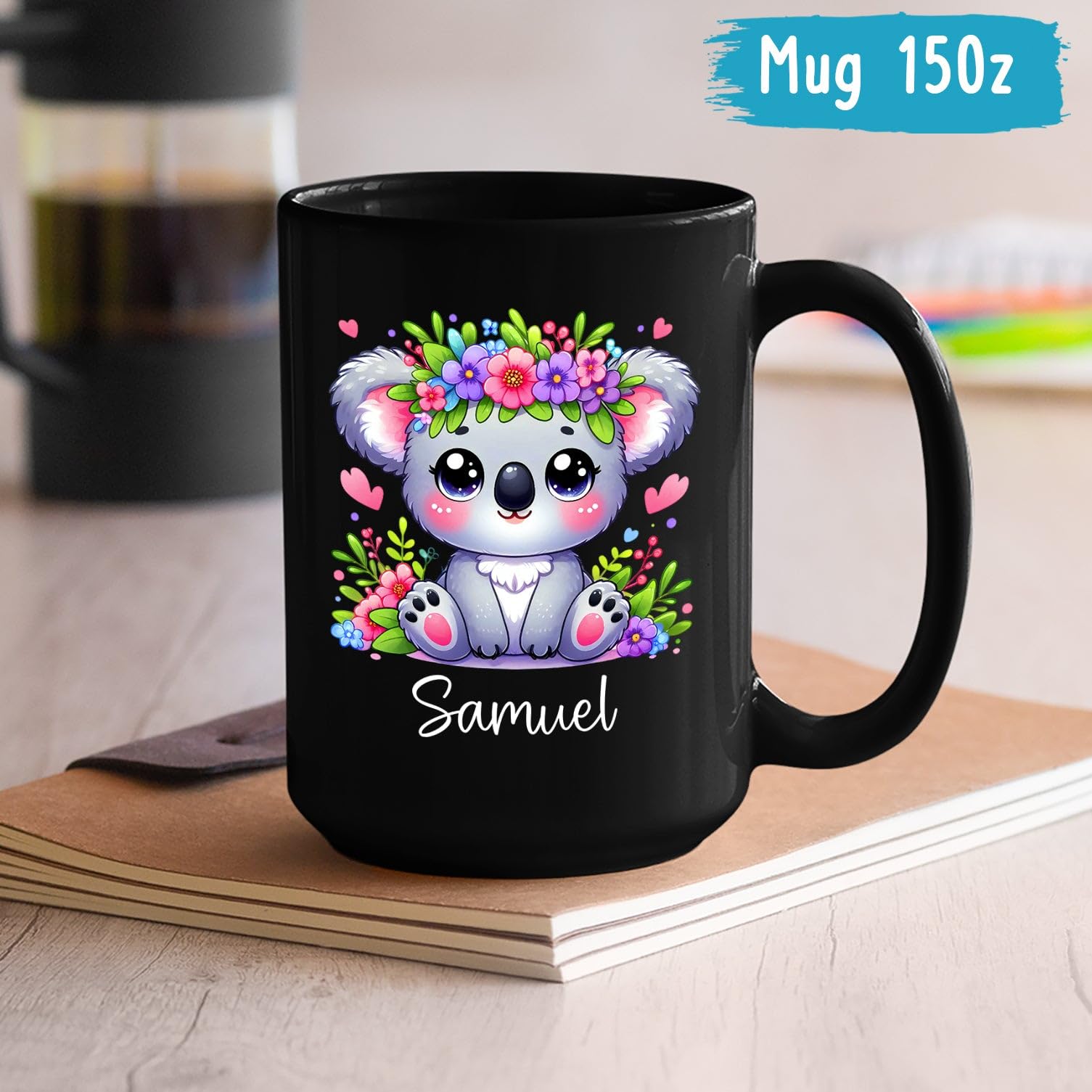 Personalized Koala Mom & Baby Ceramic Mug - Custom Name Black Coffee Mug, 11oz Or 15oz Gift