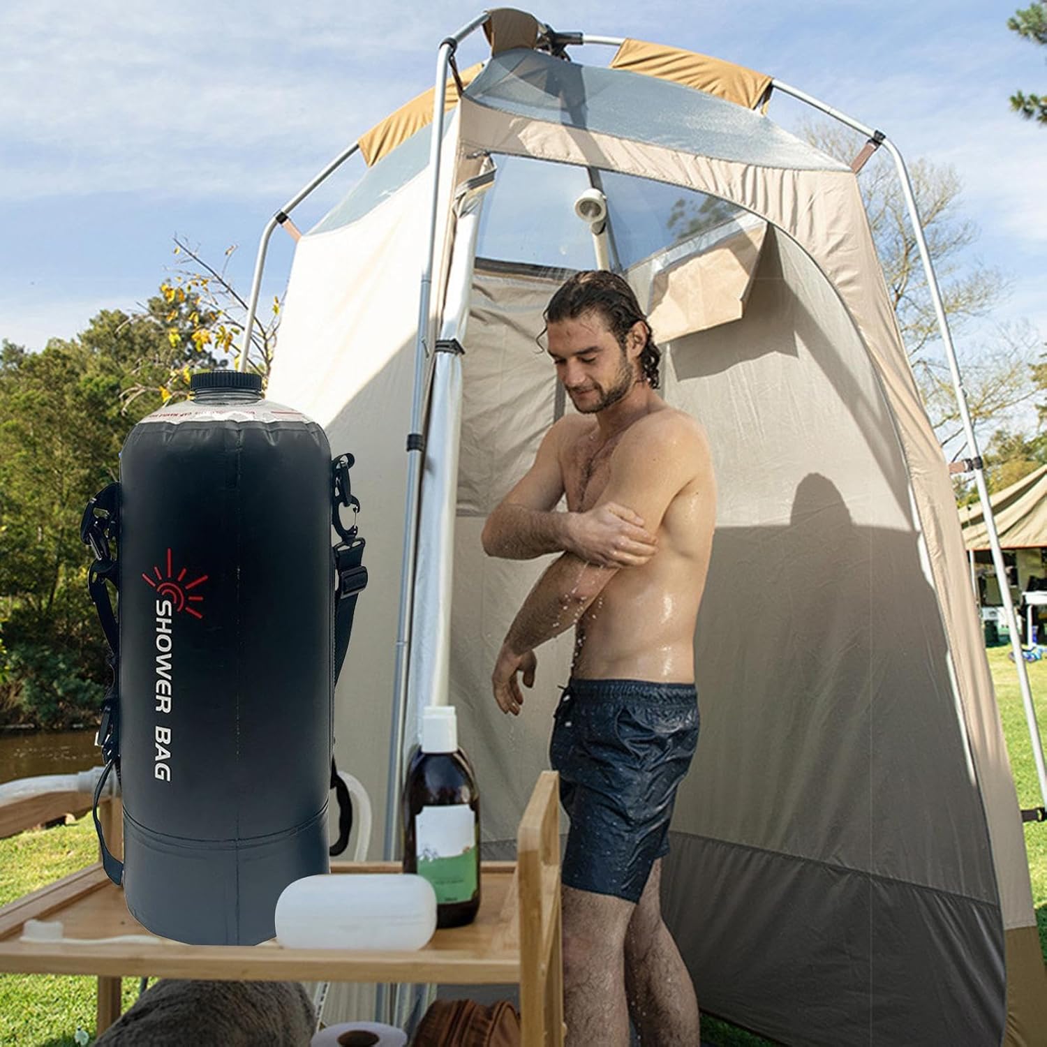 Camping Shower Bag – 12L PVC Black, Foldable Water Container, Showerhead Hose Assembly, Solar Warm Supply | Perfect For Outdoor Adventure Washing, Backpacking Hygiene Routine, Road Trip Cleaning Setup