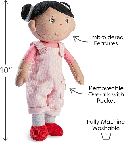 Miniatura 2 de HABA Snug Up Doll Rumbi - Muñeca suave de 10 pulgadas con pelo negro y overol rosa, lavable a máquina durante 18 meses en adelante