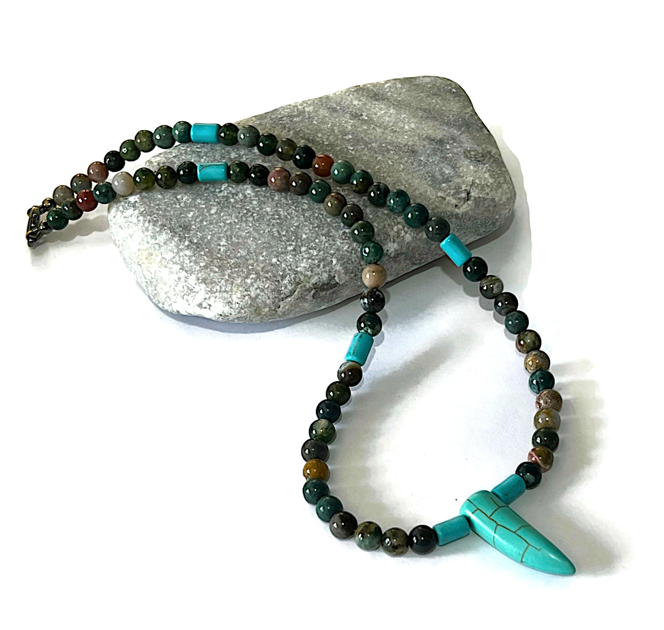SeaWolf Gems Beaded Choker Necklace for Men with Tusk Horn Pendant Blue Howlite and Agate Southwestern Inspired Handmade Jewelry for Him