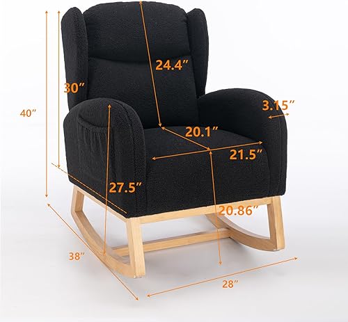 Miniatura 2 de Mecedora de peluche para guardería, silla mecedora tapizada con bolsillo, silla moderna con respaldo de ala, cómoda silla de lectura con patas de