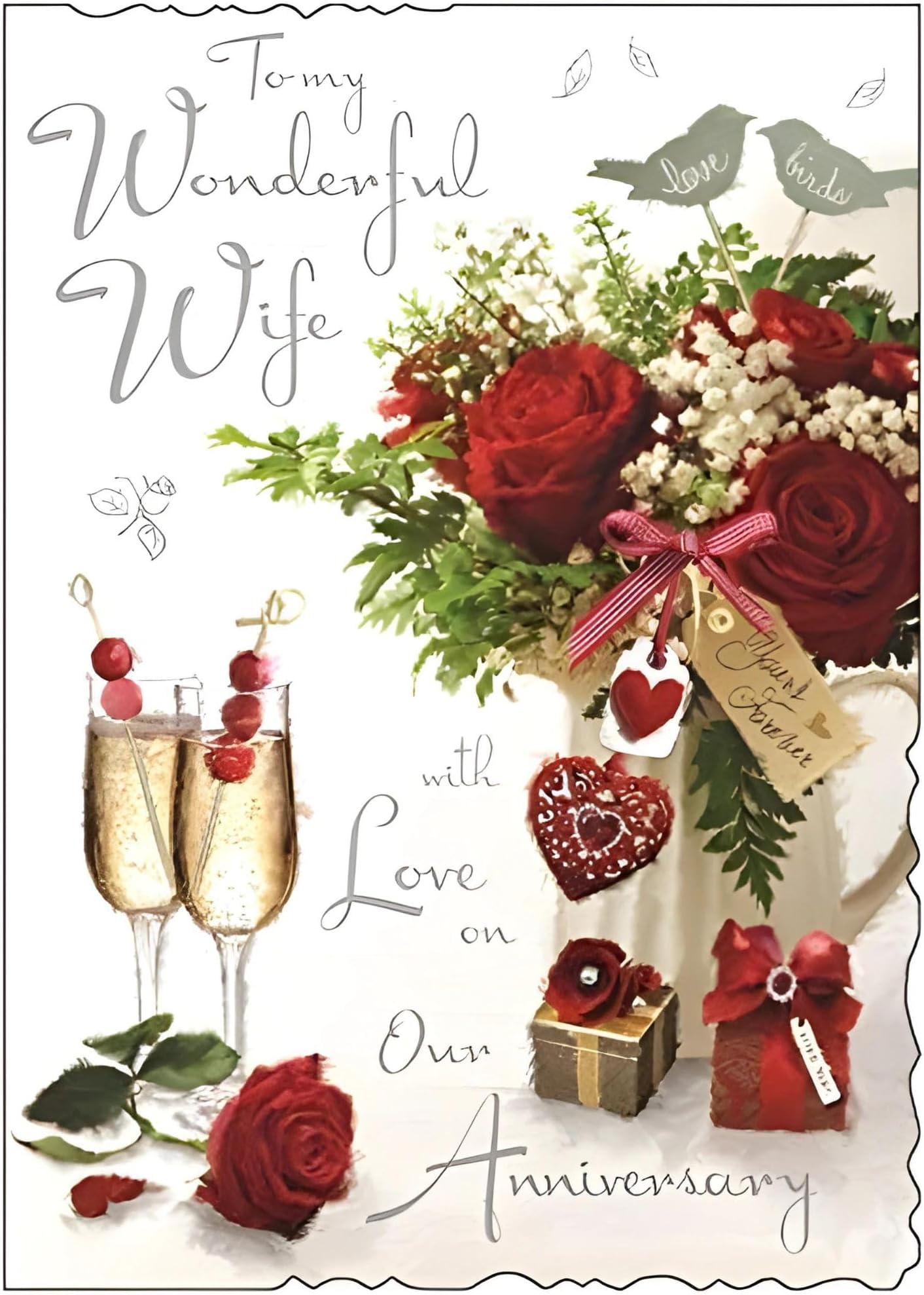 Large Wife Anniversary Card - (JJ-V122) - Love Birds - Velvet Range - Embossed, Foil and Flitter Finish