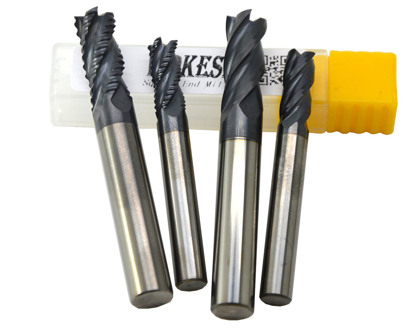 Wokesi 6mm 8mm Cutting Dia,Pack of 4,Suqare Nose End Mill and Roughing End Mill Set,Std Length,HRC55,TiAlN Coated,Solid Carbide,CNC Lathe Router Bits Milling Tools (6mm+8mm)