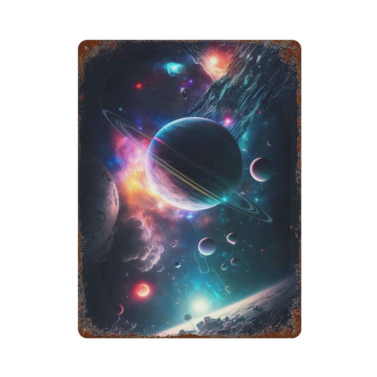 Rust Effect A Dance of Planets Stars Distressed Metal Wall Sign 15.7"x11.8", Decorative Metal Wall Art for Living Room, Hallway And Home Decor