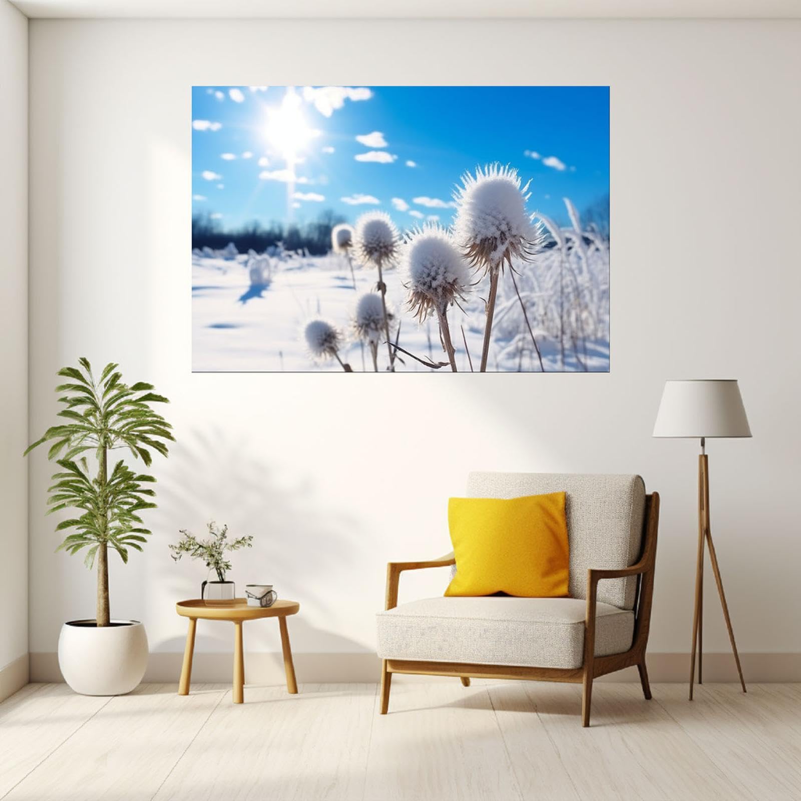 JOSUE Nieve De Invierno Cuadros Y LáMinas Lienzo,sol cielo nieve plantas Azul blanco Cuadro Cartel Sala De Estar Cuarto De BañO Comedor-50x70cm Enmarcado