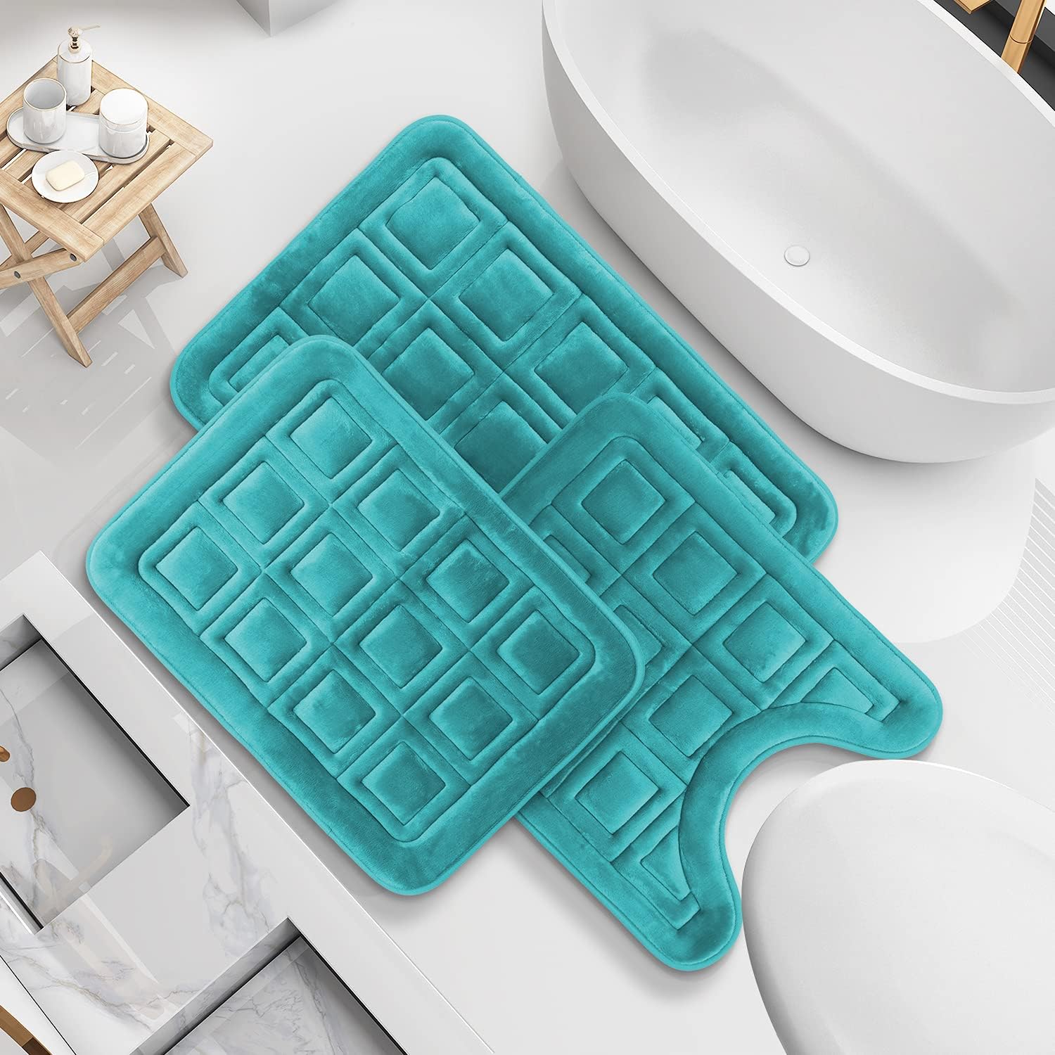 Clara Clark Bathroom Rugs, Velvet Memory Foam Bath Mat, Non-Slip Bath Rugs, Machine Wash, Dries Quickly, Ultra Soft Plush Bath Mats for Bathroom, Waffle - Teal