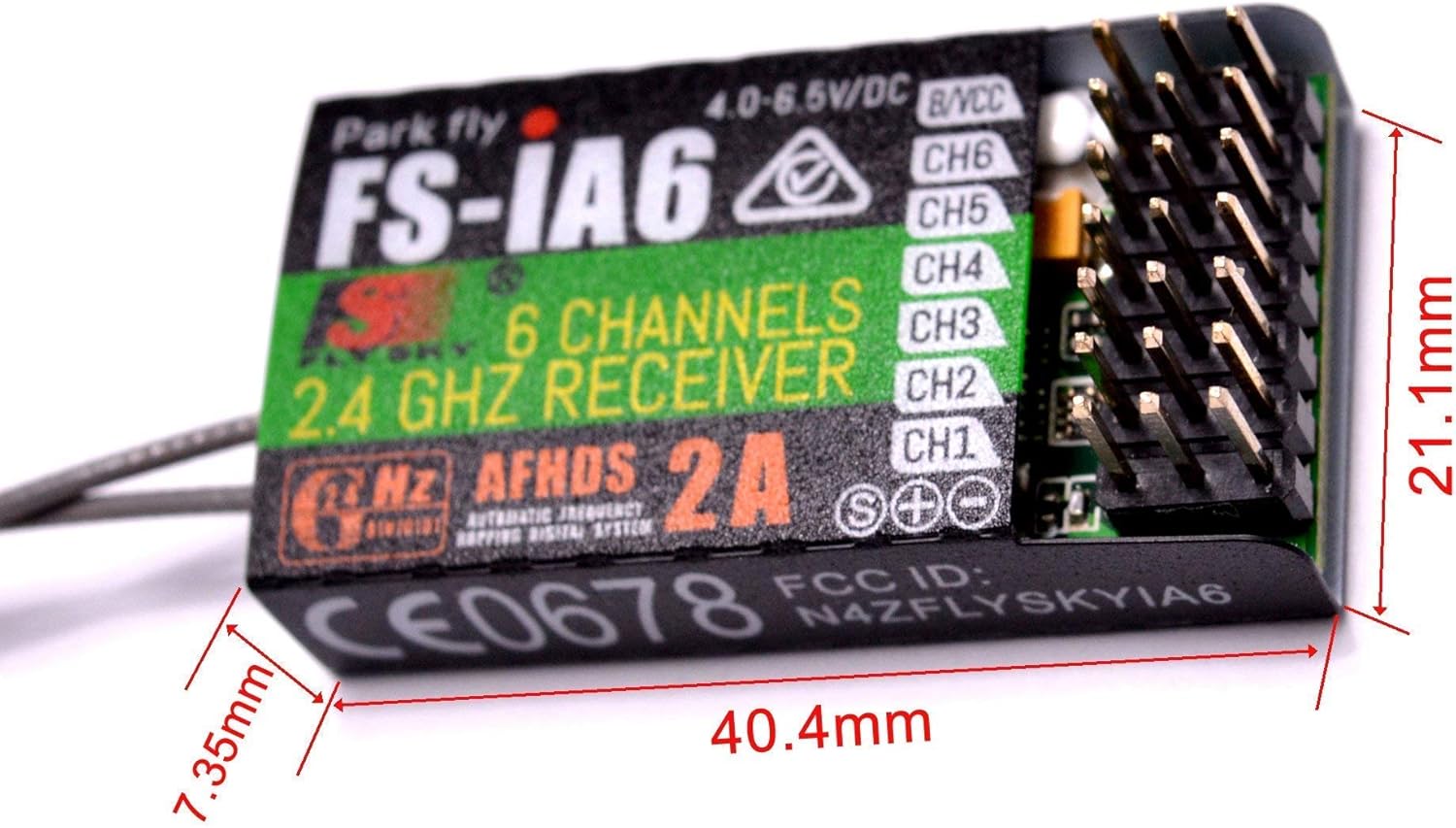 Өлчөмдөрү белгиленген Flysky FS-iA6 кабыл алгычы