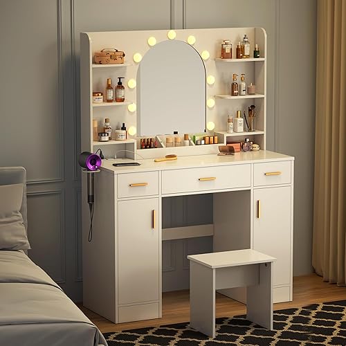 Miniatura 6 de Escritorio de tocador con espejo y 12 luces LED, mesa de tocador de maquillaje con USB y tomas de corriente, 4 cajones y soporte para secador de