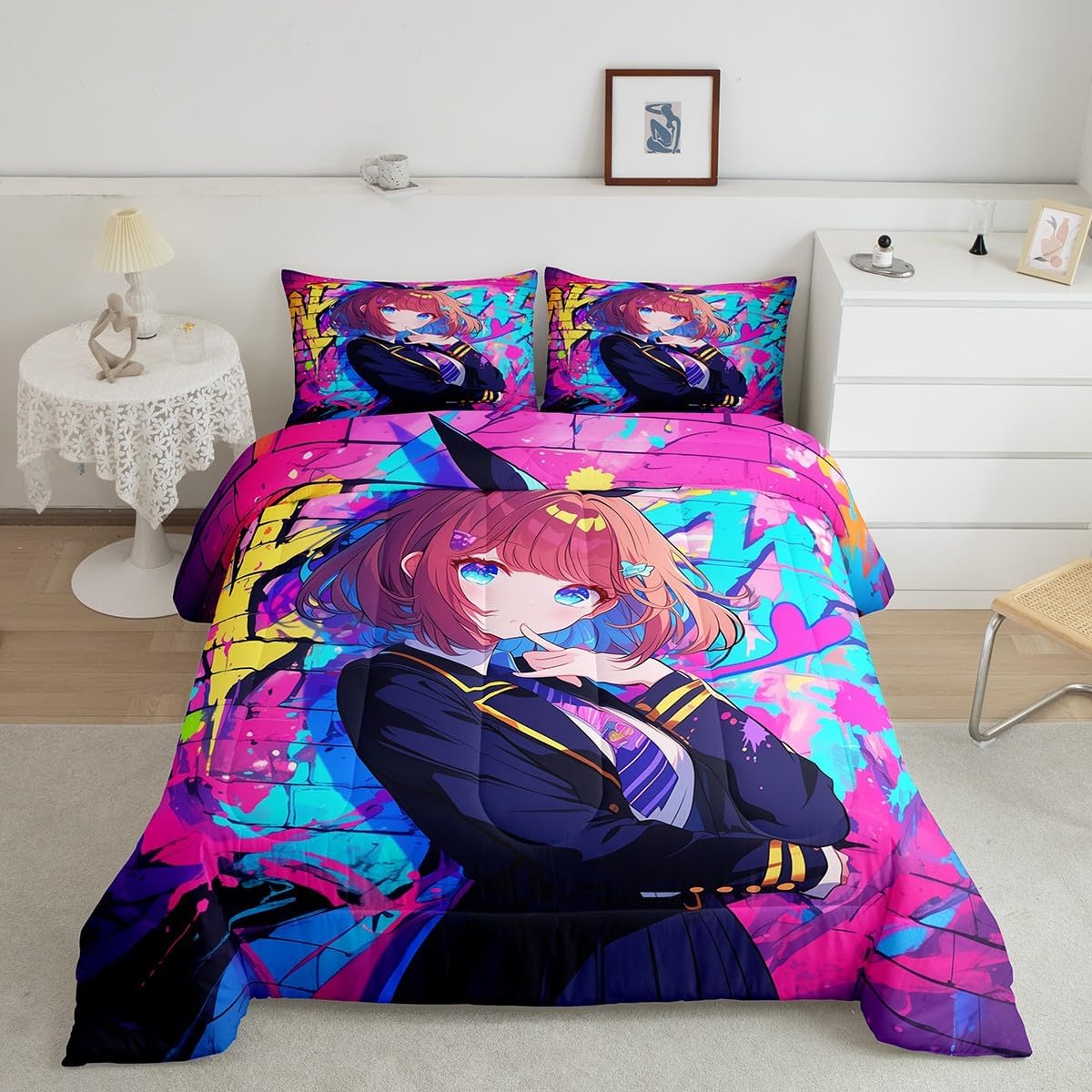 Erosebridal Girls Japanese Anime Comforter Set Full, Kawaii Anime Girl Bedding Set Cartoon Girl Duvet Insert for Kids Teens Adult, Japanese Animation Sci Fi Style Quilt with 2 Pillow Cases image 3