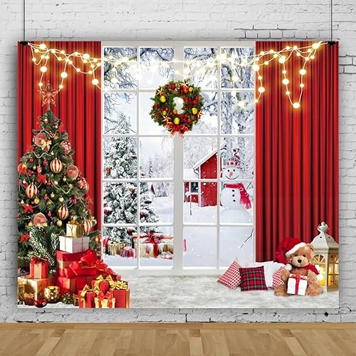 Miniatura 2 de Laeacco Telón de fondo de Navidad de 10 x 8 pies, escenario de fotografía, árboles de Navidad, regalos, luces con purpurina, muñeco de nieve,