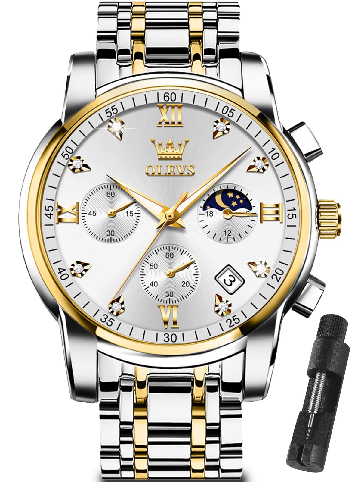 Watches for Men with Date Luxury Big Face Waterproof Mens Wristwatch Analog Dress Two Tone Stainless Steel Man Watch Luminous Relojes De Hombre Calendar(Green/Blue/Black Dial