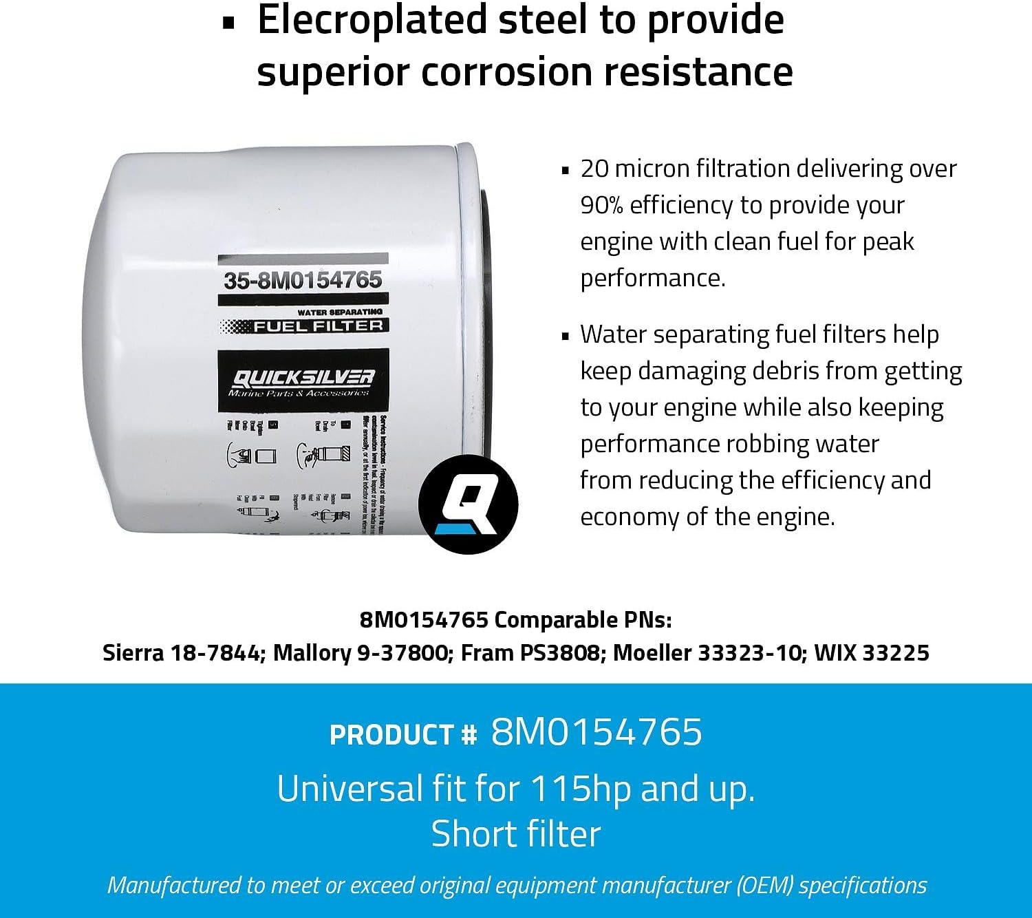 Quicksilver Water Separating Fuel Filter - Replaces GLM Marine 24941, Mallory 9-37800, Fram PS3808, Moeller 33323-10, WIX 33225, Sierra 18-7844