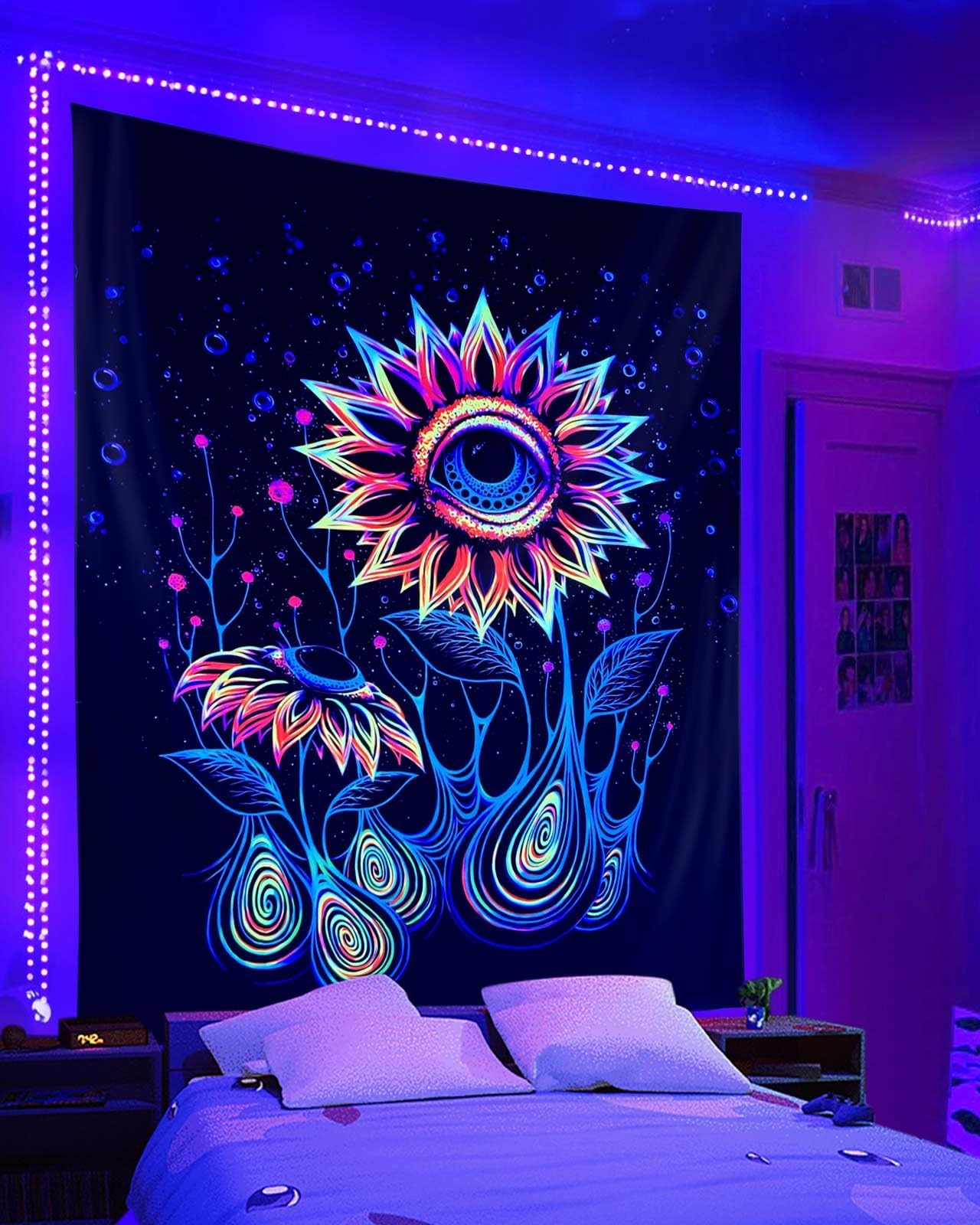 ADDWel Blacklight Sunflower Tapestry, Hippie Eye Tapestry Glow In The Dark, UV Reactive Black Light Upright Posters Wall Hanging for Bedroom Dorm Living Room Backdrop Decor