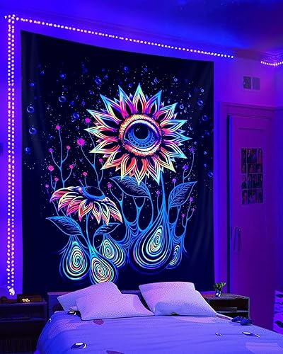 Miniatura 84 de ADDWel Tapiz de calavera de luz negra, tapiz psicodélico negro que brilla en la oscuridad, tapices reactivos a los rayos UV, carteles para colgar