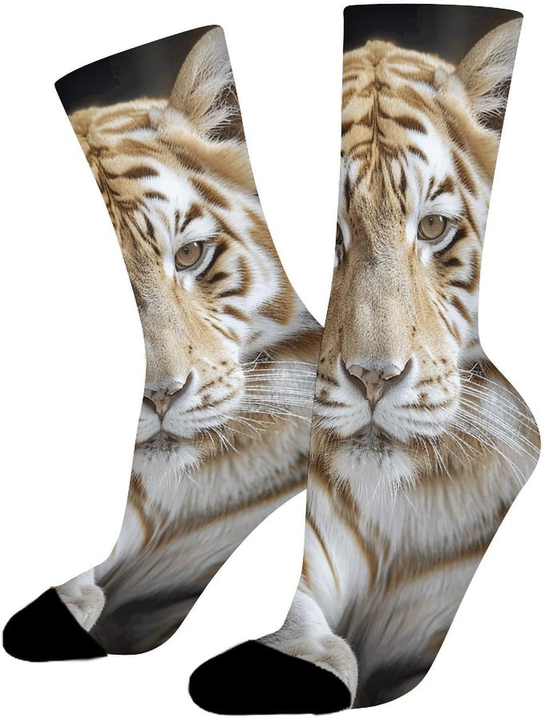 A Cream Tiger Crew Socks Moisture Wicking Ankle High Cushioned Arch Support Seamless Toe Athletic & Casual