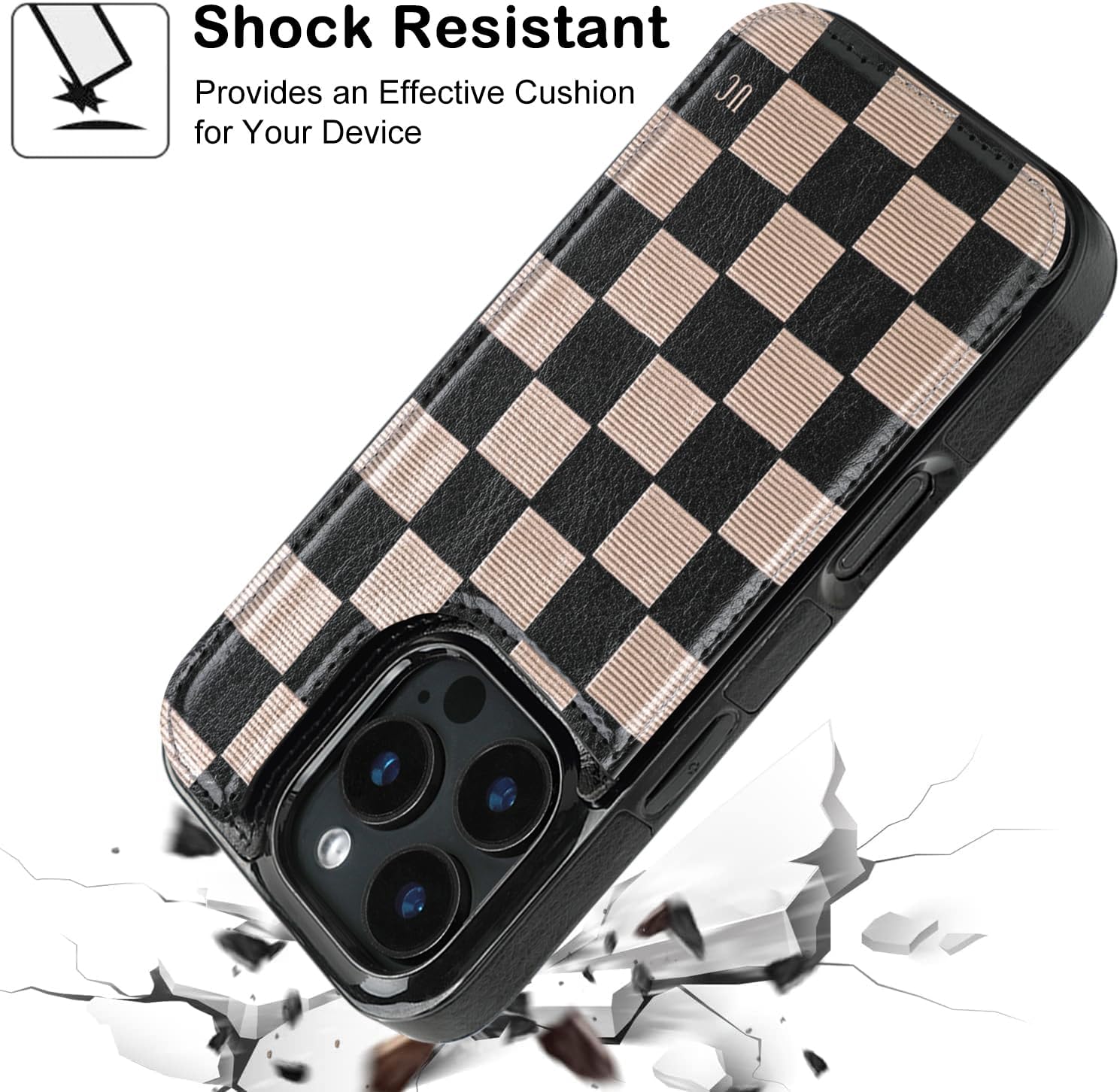 uCOLOR for iPhone 16 Pro 6.3" Wallet Case Magsafe with Card Holder Slot【Compatible with MagSafe】 Folio Flip PU Leather Magnetic RFID Design with Camera Lens Protector (Black Brown Checkered)