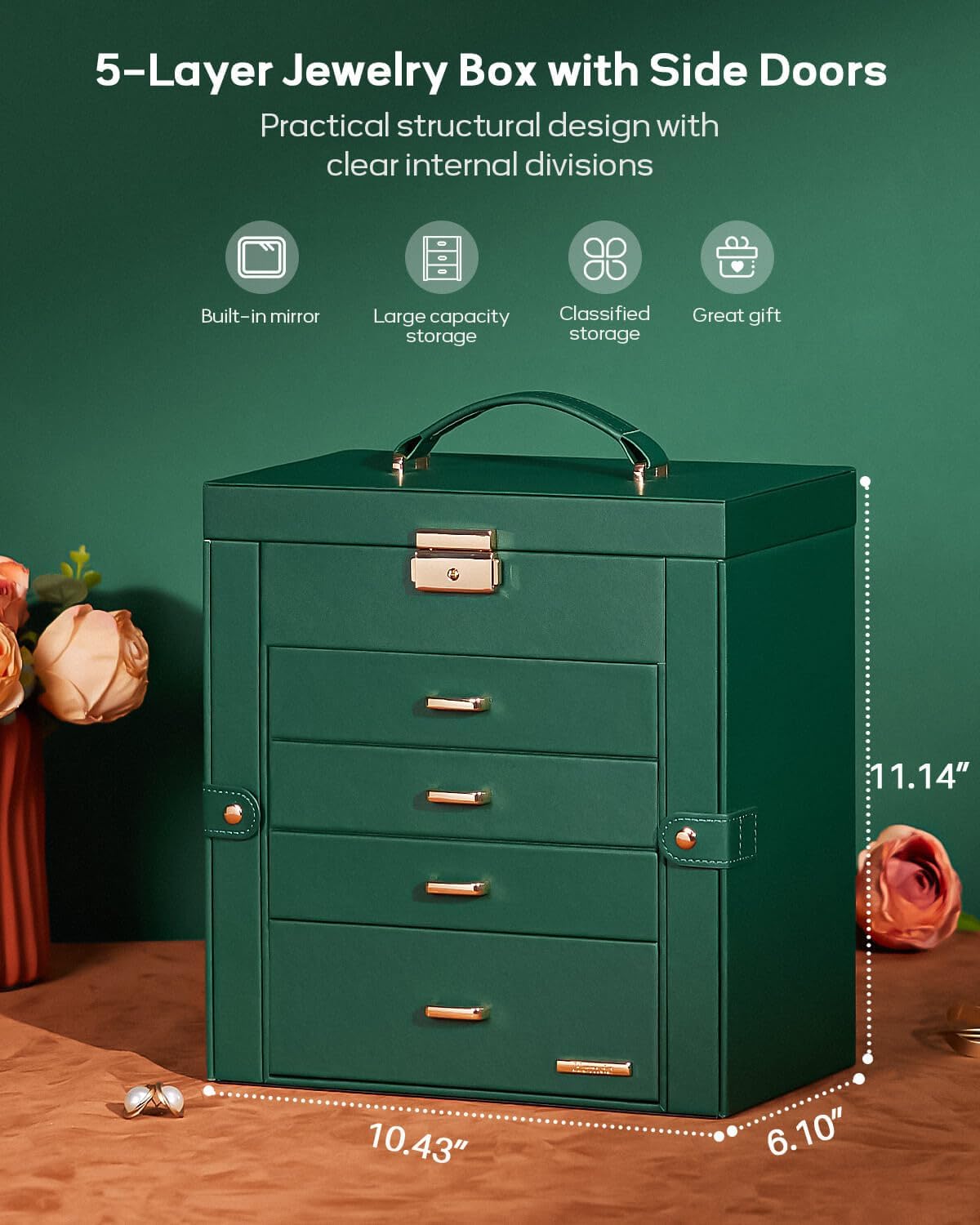 Homde Synthetic Leather Huge Jewelry Box Mirrored Watch Organizer Necklace Ring Earring Storage Lockable Gift Case (Forest Green + Gold) - Image 2