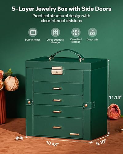 Miniatura 29 de Homde Regalos de Navidad de cuero sintético, enorme joyero, organizador de reloj con espejo, collar, anillo y aretes, estuche de regalo con Dorado