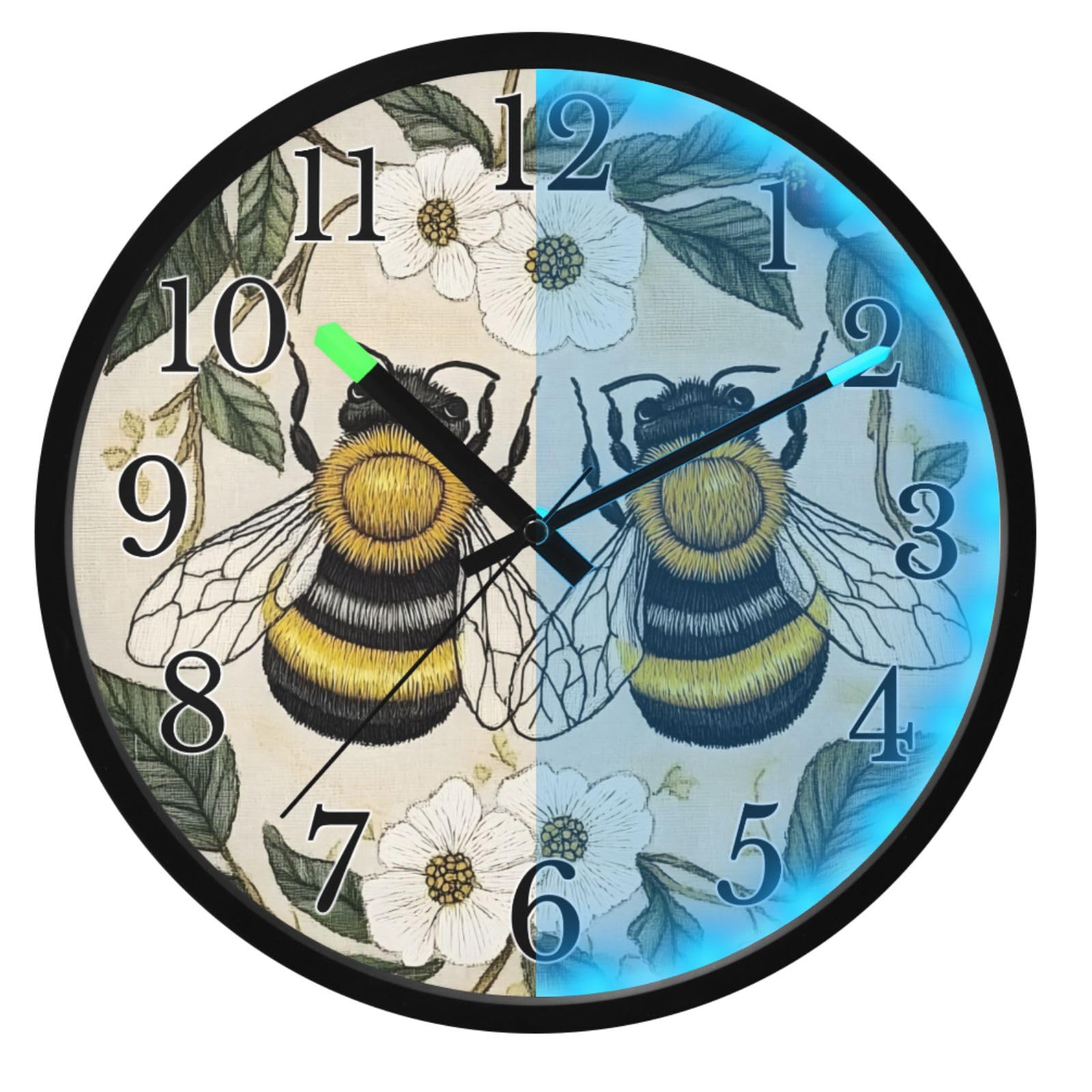 Mnsruu Reloj de pared luminoso con diseño de abejas, flores blancas, bayas rojas, hojas, reloj de pared que brilla en la oscuridad, funciona con pilas, silencioso, sin tictac, luz nocturna para