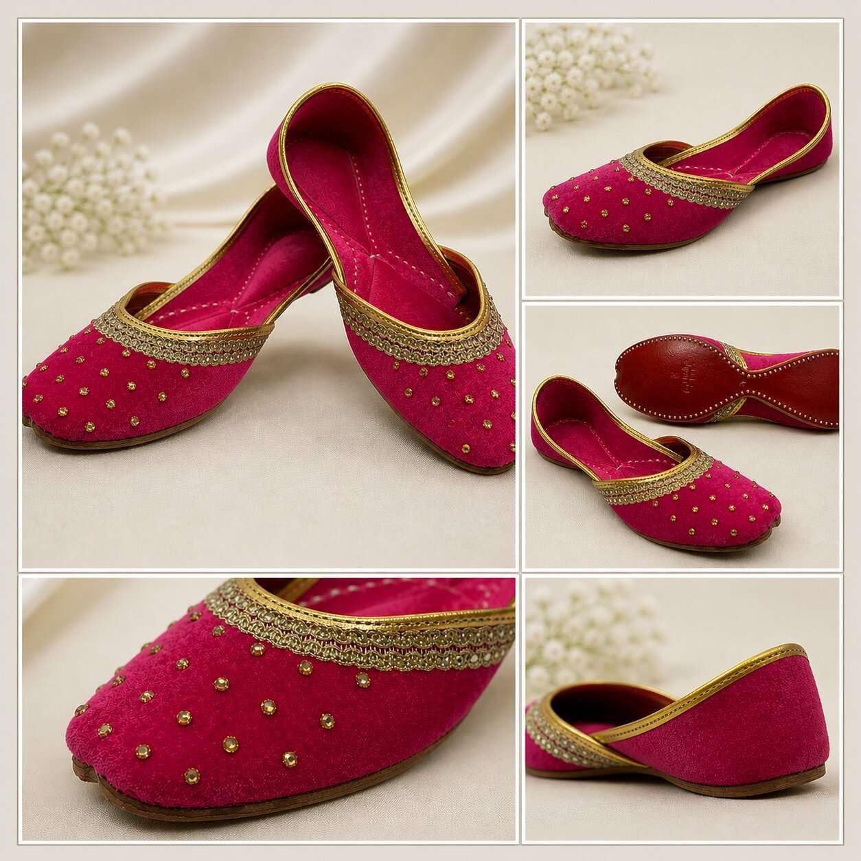 Handmade Women Velvet Punjabi Jutti Ethnic Flat Shoes – Gold Traditional Indian Footwear for Casual & Festive Wear