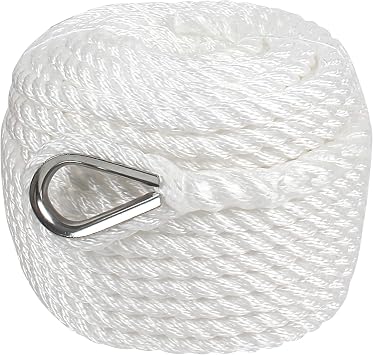 Boat Anchor Rope 1/2inch x100ft, Polypropylene Three Strand Braided Boat Lines Dockline with Thimble, Twisted Anchor Line for Boat/Sailboat/Mooring/Pull Lines, 5850LB Breaking Strain, White