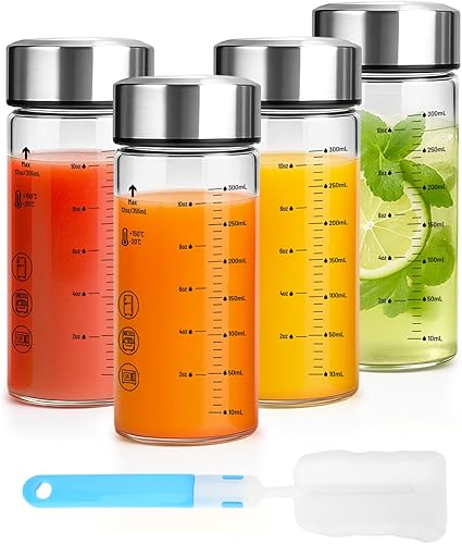 Botellas de agua de vidrio de 12 onzas con tapas, paquete de 4 botellas reutilizables de boca ancha con tapas de acero inoxidable, vidrio de