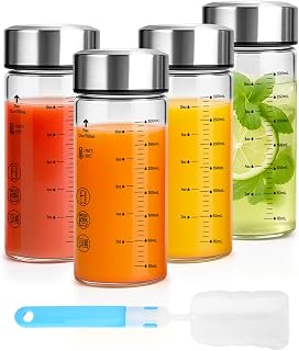 12oz Glass Water Bottles with Lids, 4 Pack Reusable Wide Mouth Juice Bottles with Stainless Steel Caps, Leakproof Borosilicate Glass for Juicing, Smoothies & Storage, BPA-Free,Dishwasher Safe