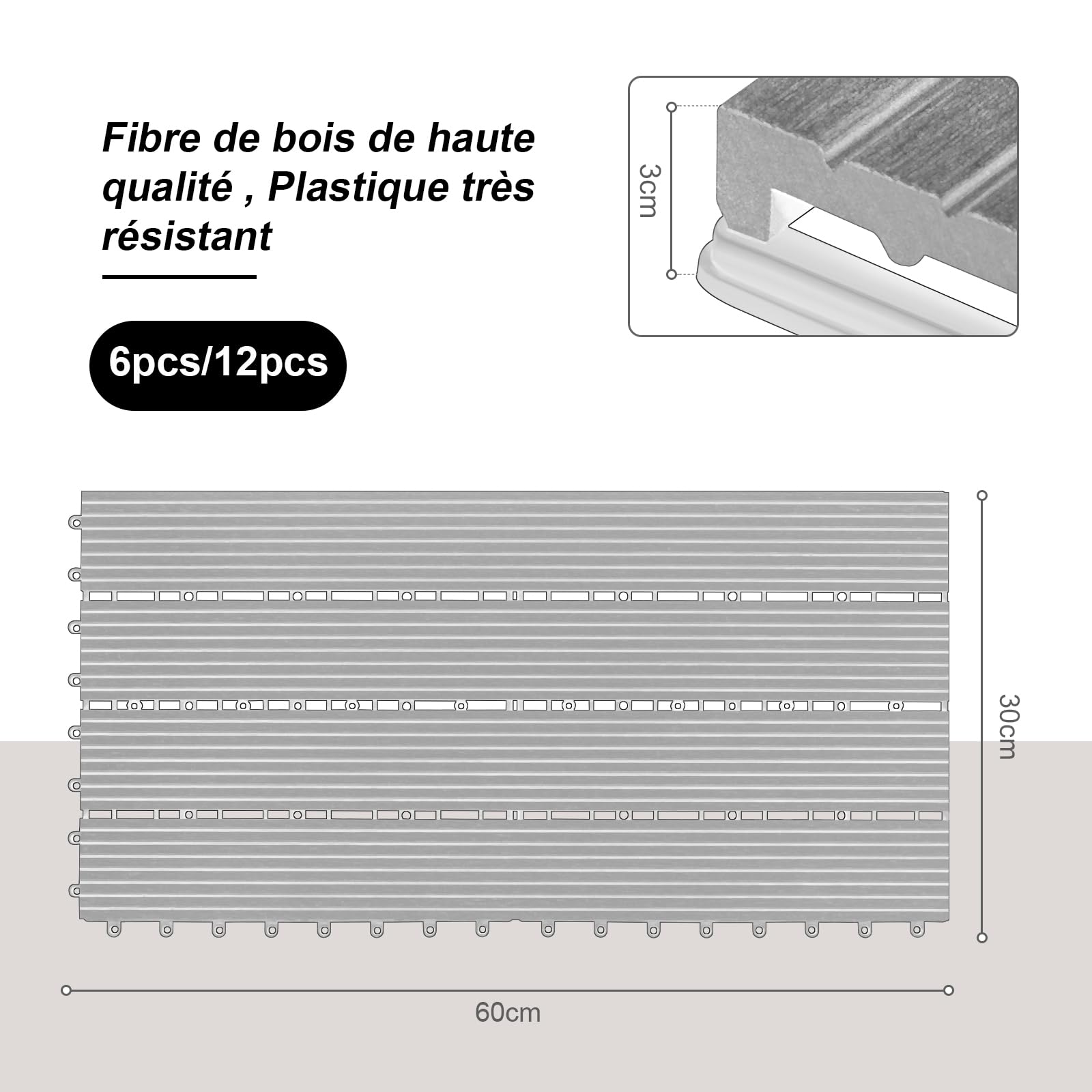 Laneetal Dalle de Terrasse WPC Emboîtable, Lot de 12 Carreaux de Sol Extérieur à Clipser pour Patio, Terrasse, Balcon, Piscine, 30x60 cm, Anthracite