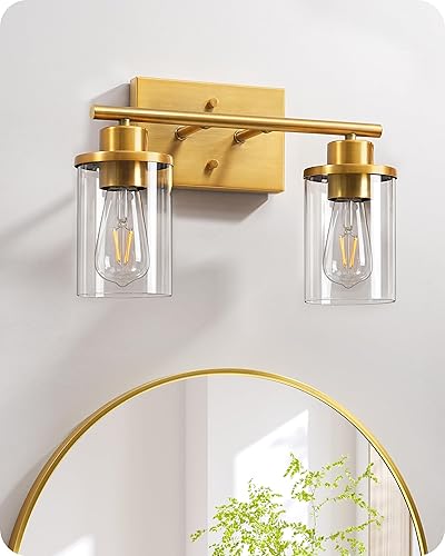 EDISHINE Lámparas de baño, 2 luces doradas de tocador, apliques de pared modernos con pantallas de vidrio transparente para baño, tocador, tocador,