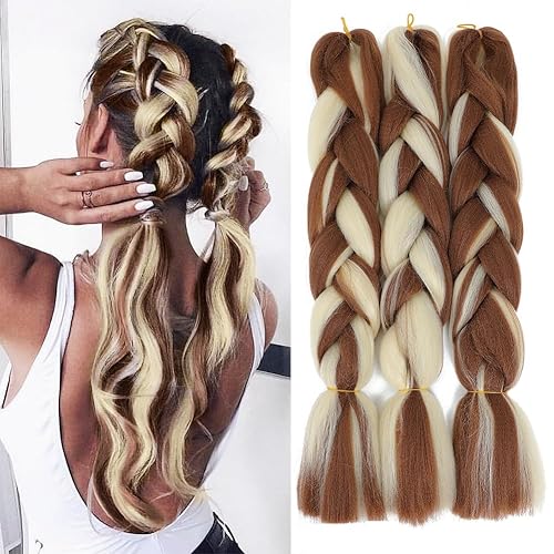 Extensiones de cabello trenzado arcoíris de 24 pulgadas, 3 paquetes de extensiones de cabello sintético de alta temperatura, extensiones de cabello