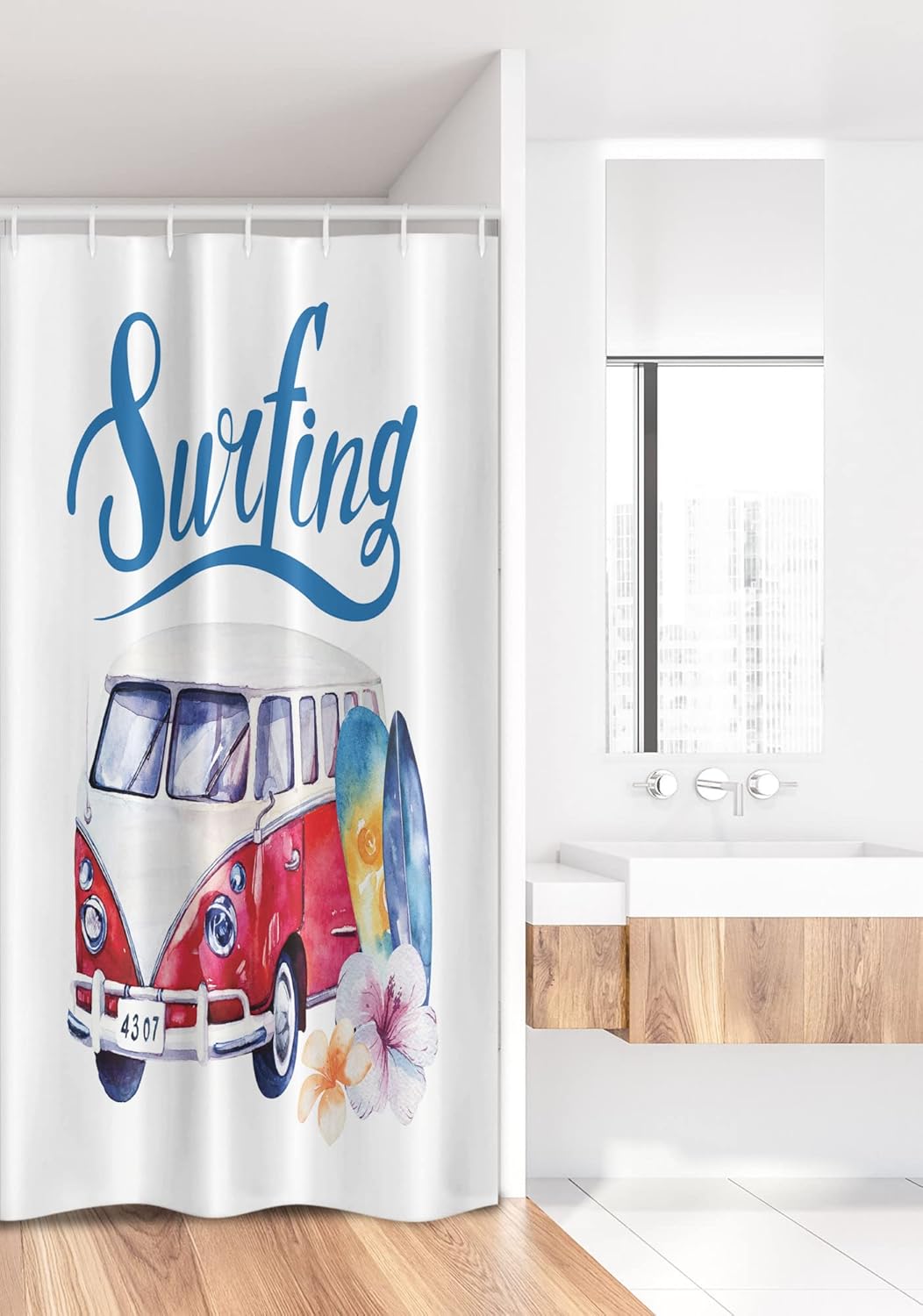 Ambesonne Surfboard Stall Shower Curtain, Beach Holiday Tropical Surfing Time Bus Shell Flower Hibiscus, Fabric Bathroom Decor Set with Hooks, 36" W x 72" L, Slate Blue White Red