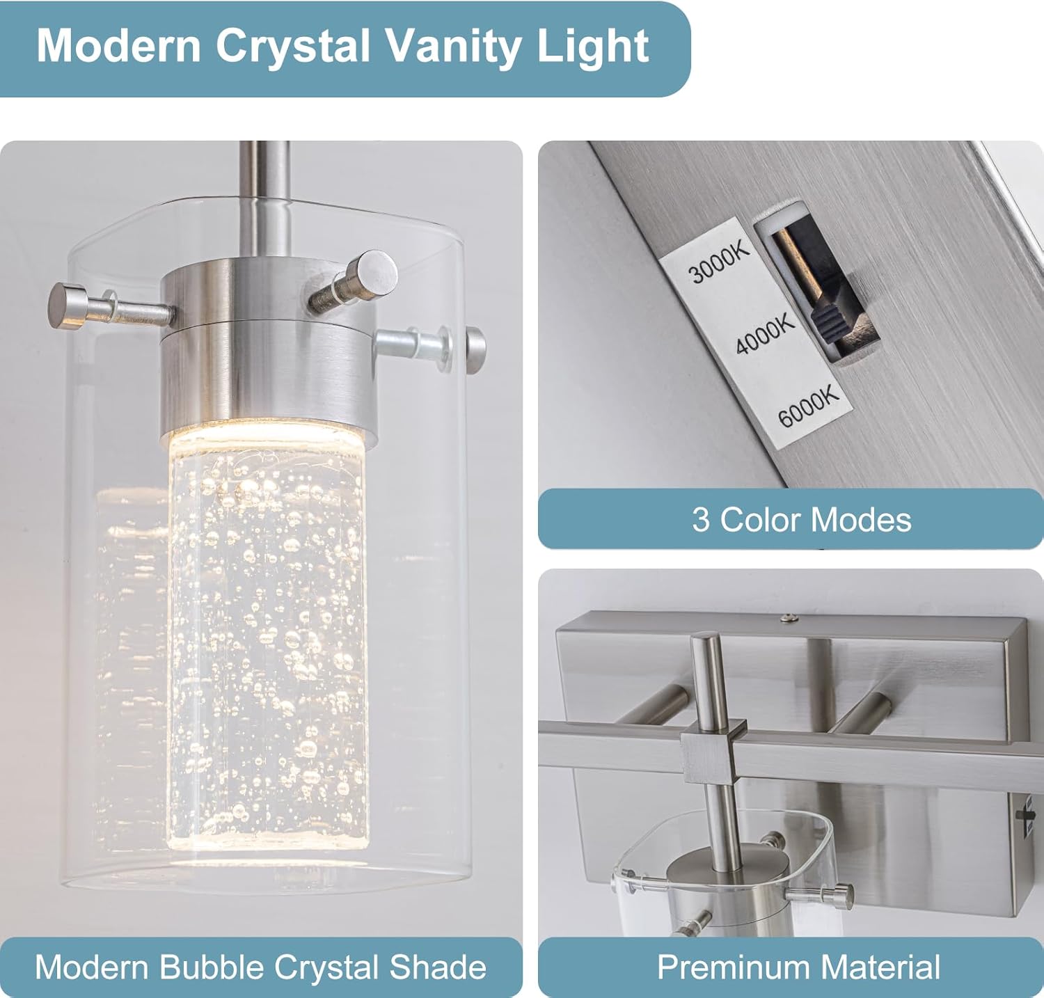 5-Light Brushed Nickel Vanity Light with 3 Color Modes (3000K/4000K/6000K),Dimmable Modern Wall Light Over Mirror,LED Bathroom Light Fixturewith Clear Glass Shade