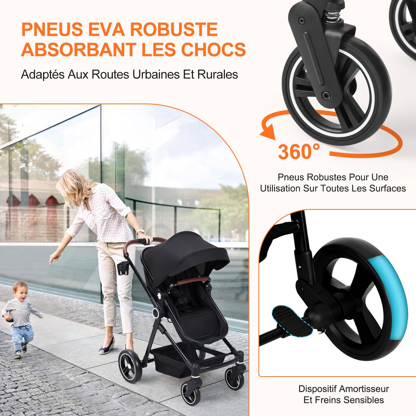 Garvee Poussette Compacte 2 en 1 Système de Voyage Pliable en Un Clic, Cadre en Aluminium pour 0-36 Mois