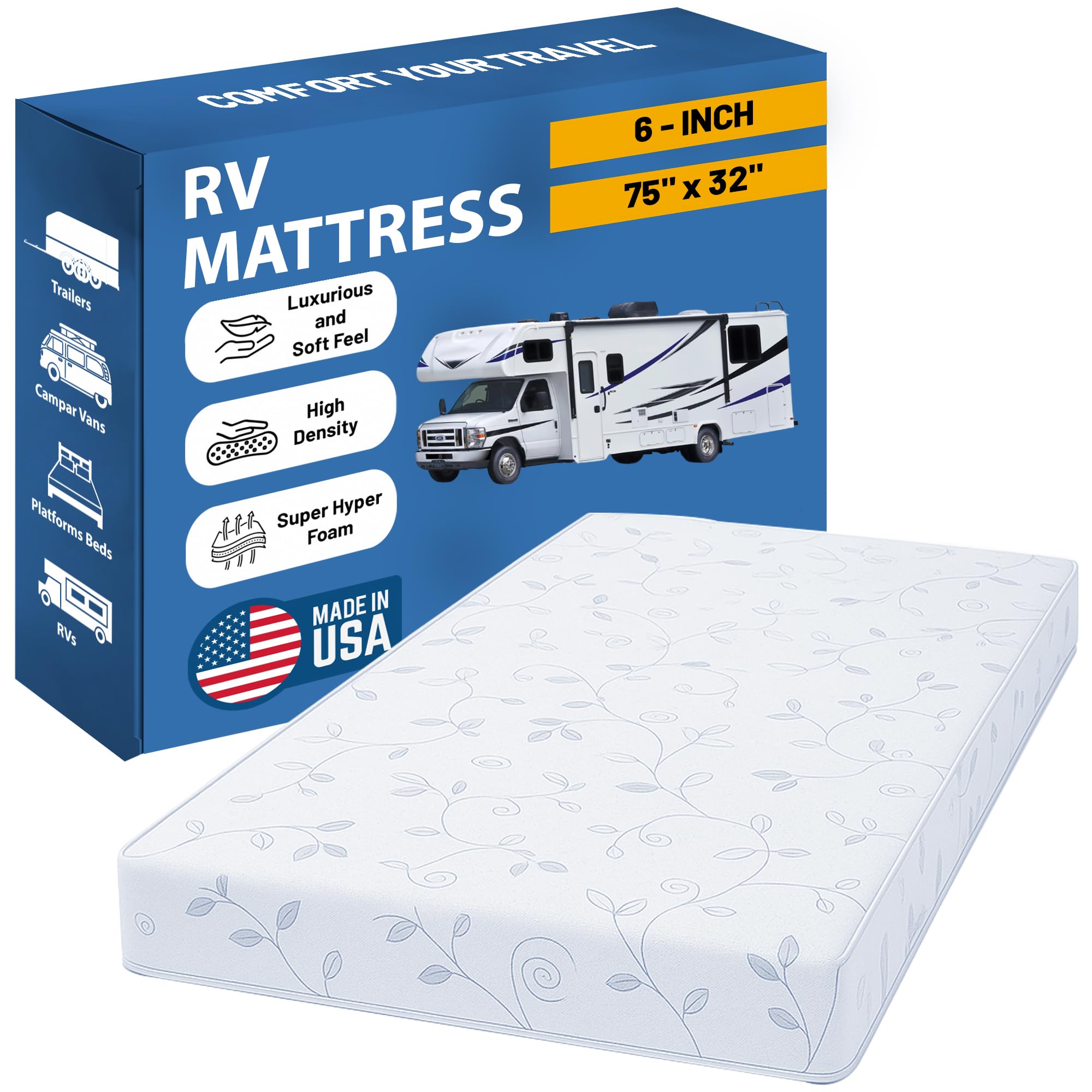 Greaton, 6-Inch High-Density Foam RV Mattress Replacement, Medium Firm, Good for Trailers, Camper Vans, Sofa Bed and Other Furniture Application, 75" x 32", White