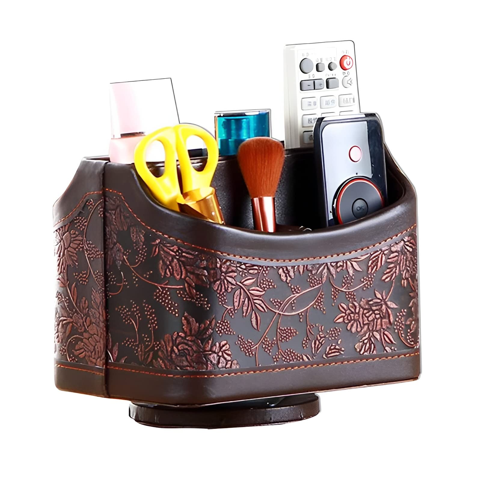 Beauenty Leather 360°Rotatable Remote Control Holder,TV Remote Organizer,Nightstand TV Remote Caddy,Office Desk Organizer 5 Compartments Storage for TV Controller,Pen, pencil,Phone,Office Supplies