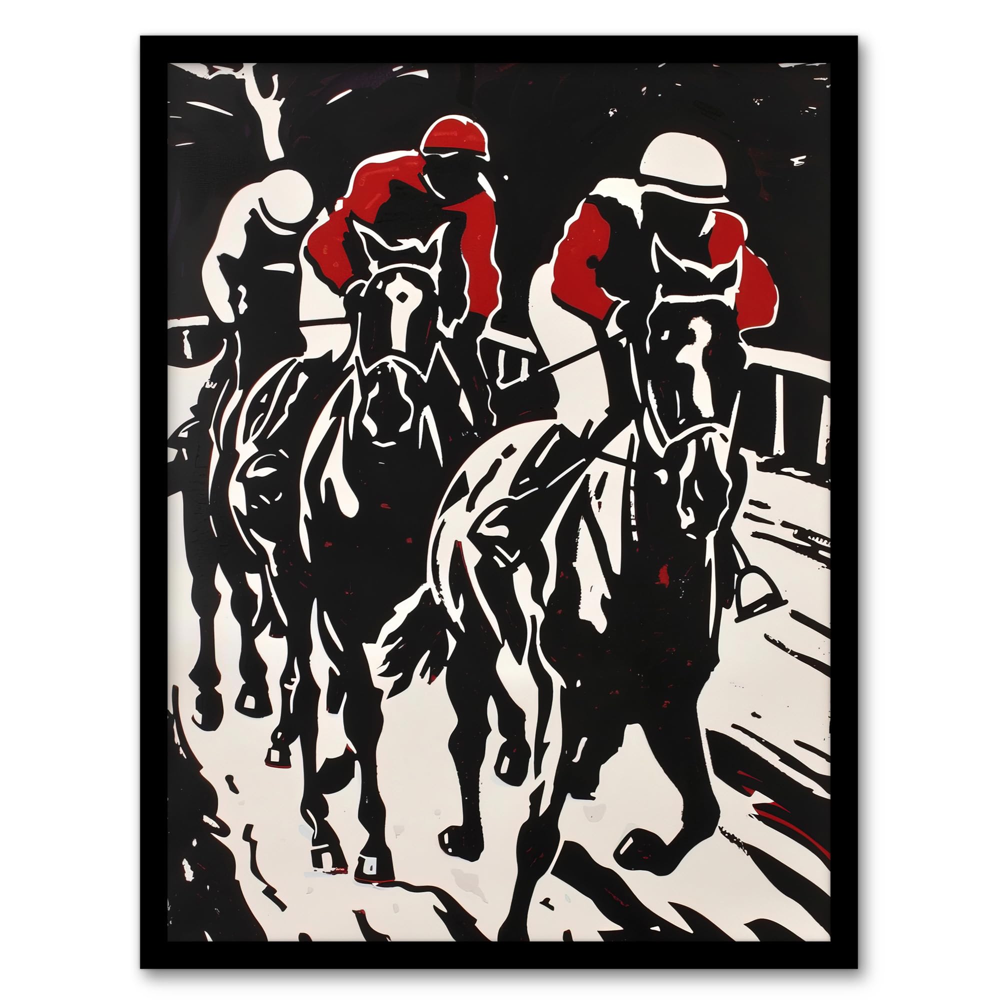 Artery8 Jockeys in Horse Racing Scene Black Red Modernist Man Cave Fathers Day Artwork Framed Wall Art Print A4