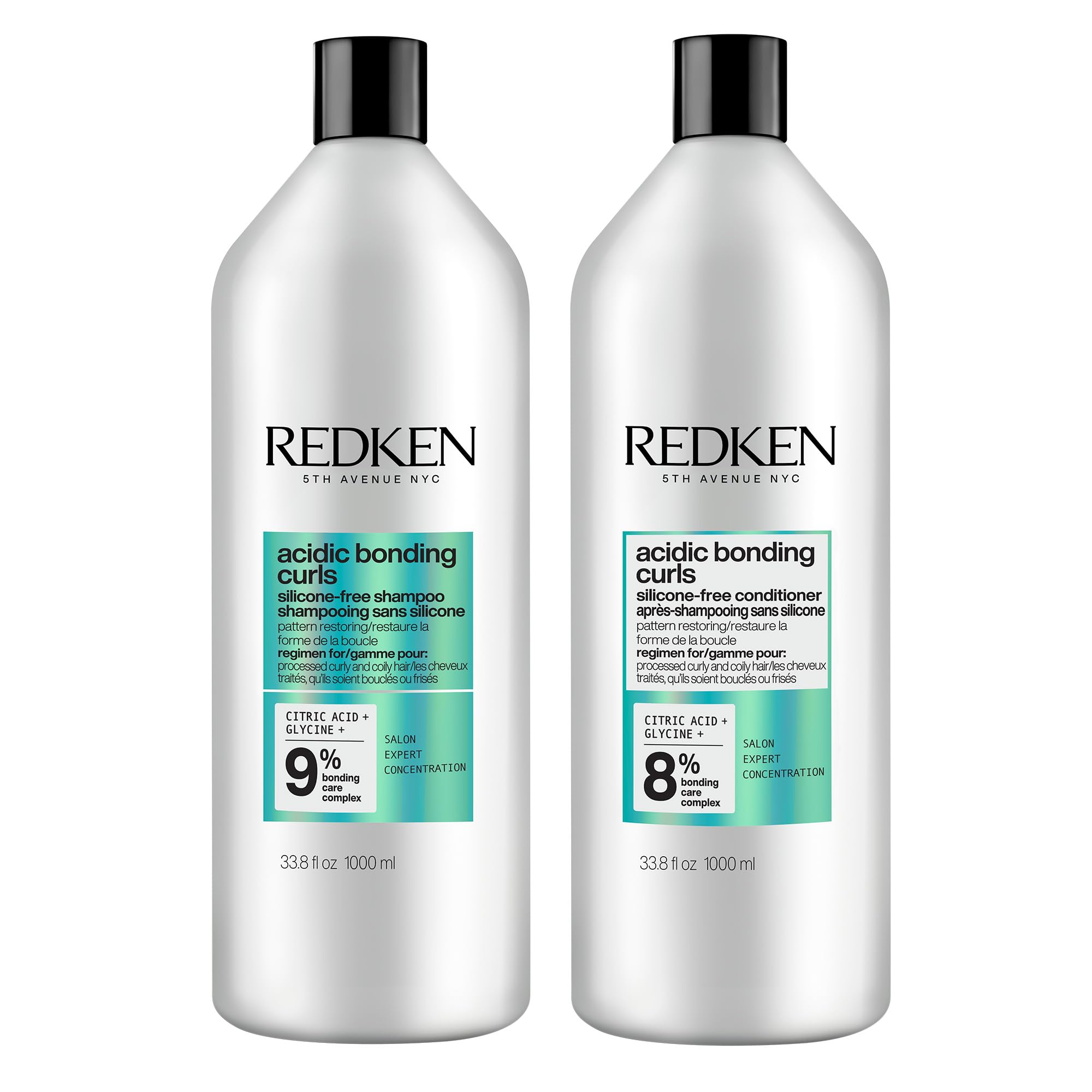 REDKEN Acidic Bonding Curls Shampoo & Conditioner Set For Coily and Curly Hair - Curl Control + Definition, With Citric Acid, Avocado Oil and Shea Butter, Silicone-Free, 33.8 Fl Oz (Pack of 2)