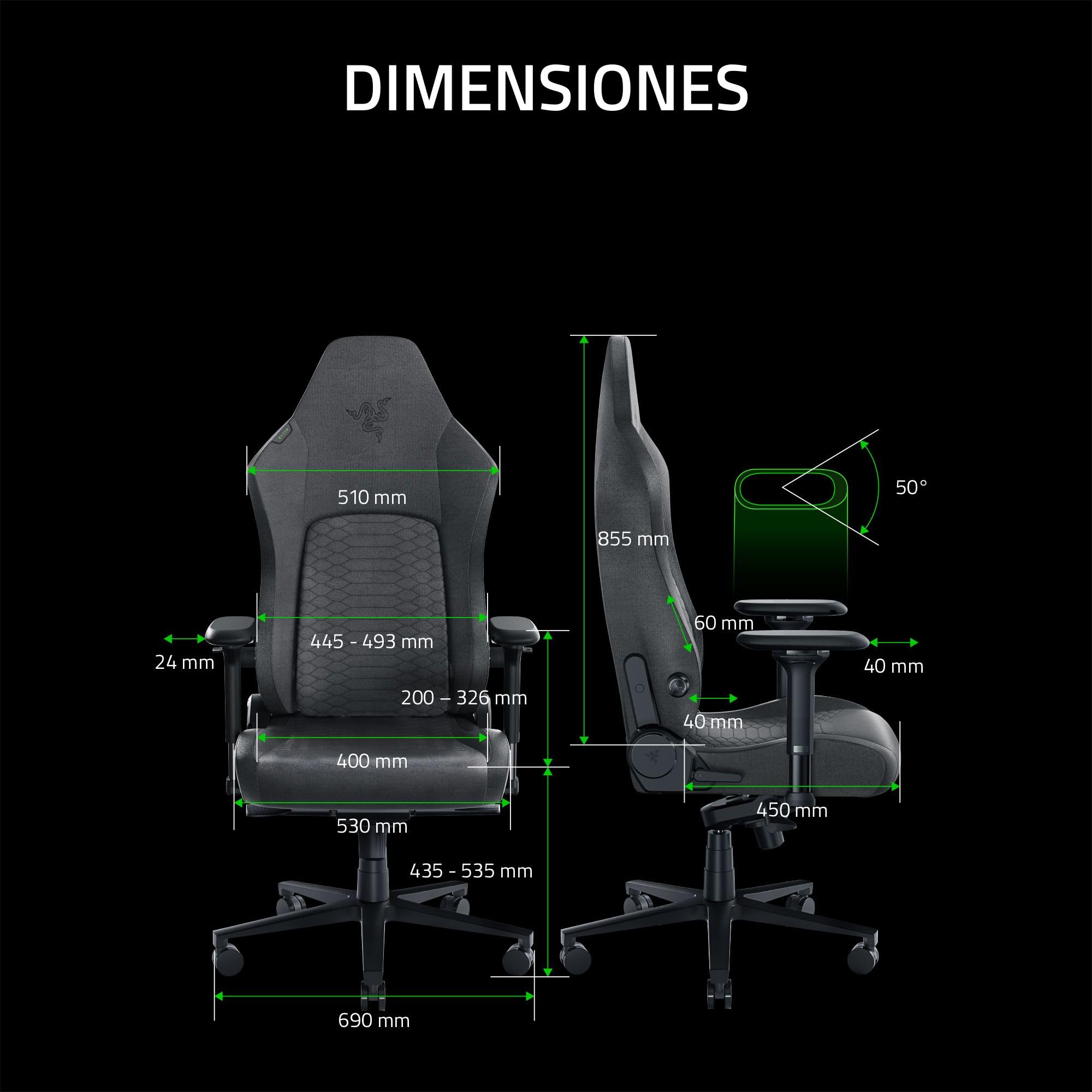 Razer Iskur V2 - Silla para Gamers con Soporte Lumbar adaptativo (Cojines de Espuma de Alta Densidad, Cuero sintético de Calidad EPU, Reposabrazos 4D) Tejido