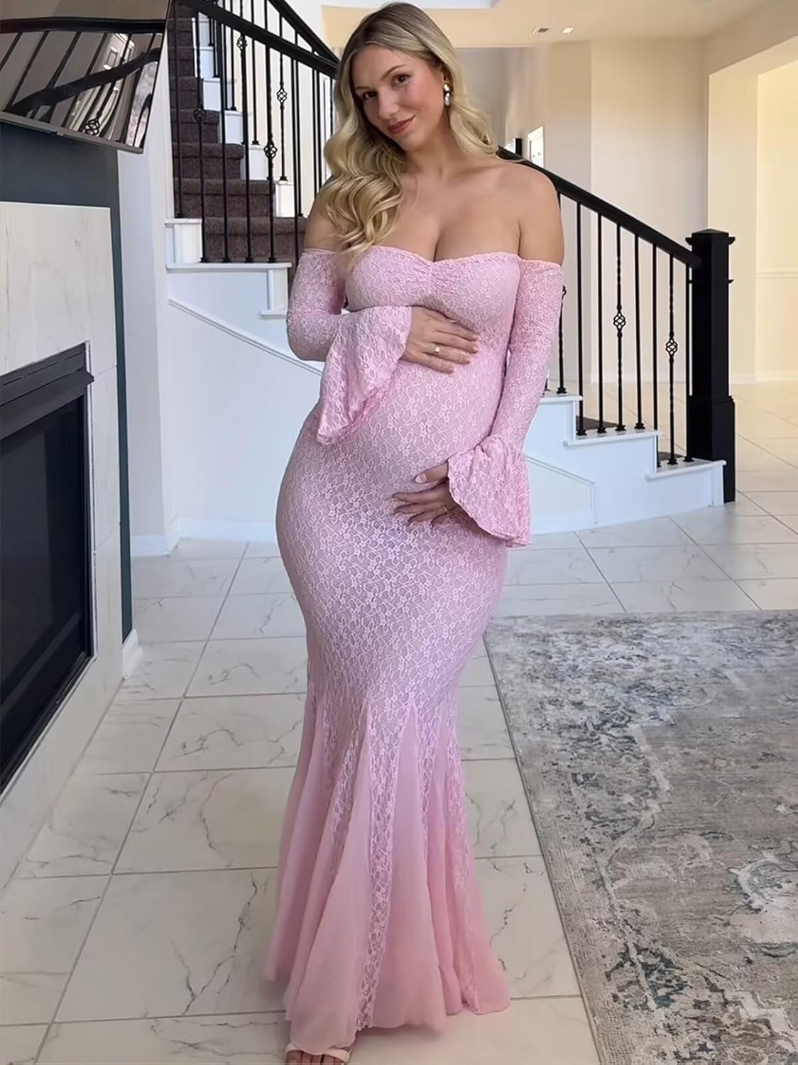 Lace Maternity Dress Mermaid Stretchy Bodycon Off the Shoulder Baby Shower Dress Ruffle Maxi Pregnancy Gown