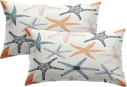 Emvency Juego de 2 fundas de almohada decorativas para decoración del hogar, color blanco de verano, con estrellas de mar verde y azul, playa,