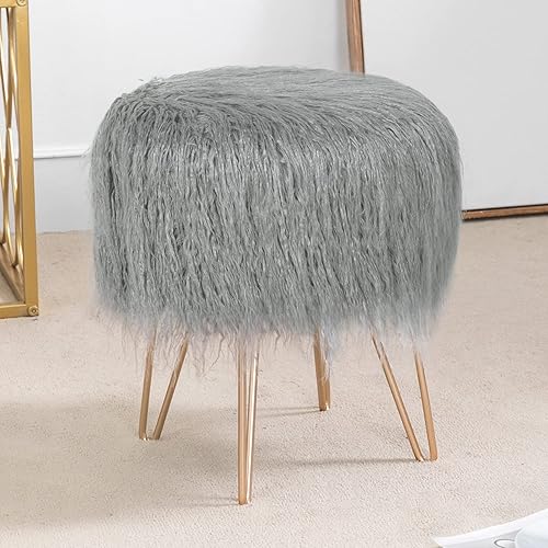 Miniatura 8 de Adeco Taburete otomano redondo de piel sintética con patas de metal, reposapiés suave y peludo, asiento acolchado, muebles decorativos tapizados