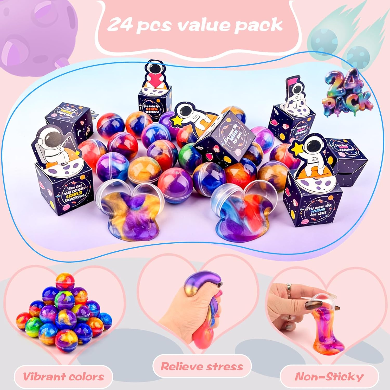 24 Pack Valentines Day Gift Cards Box with Slime, Galaxy Slime Balls Stress Relief Fidget Toy for Kids Party Favor, Classroom Exchange Prizes Gift Set, Valentine Party Favors for Kids Girls Boys