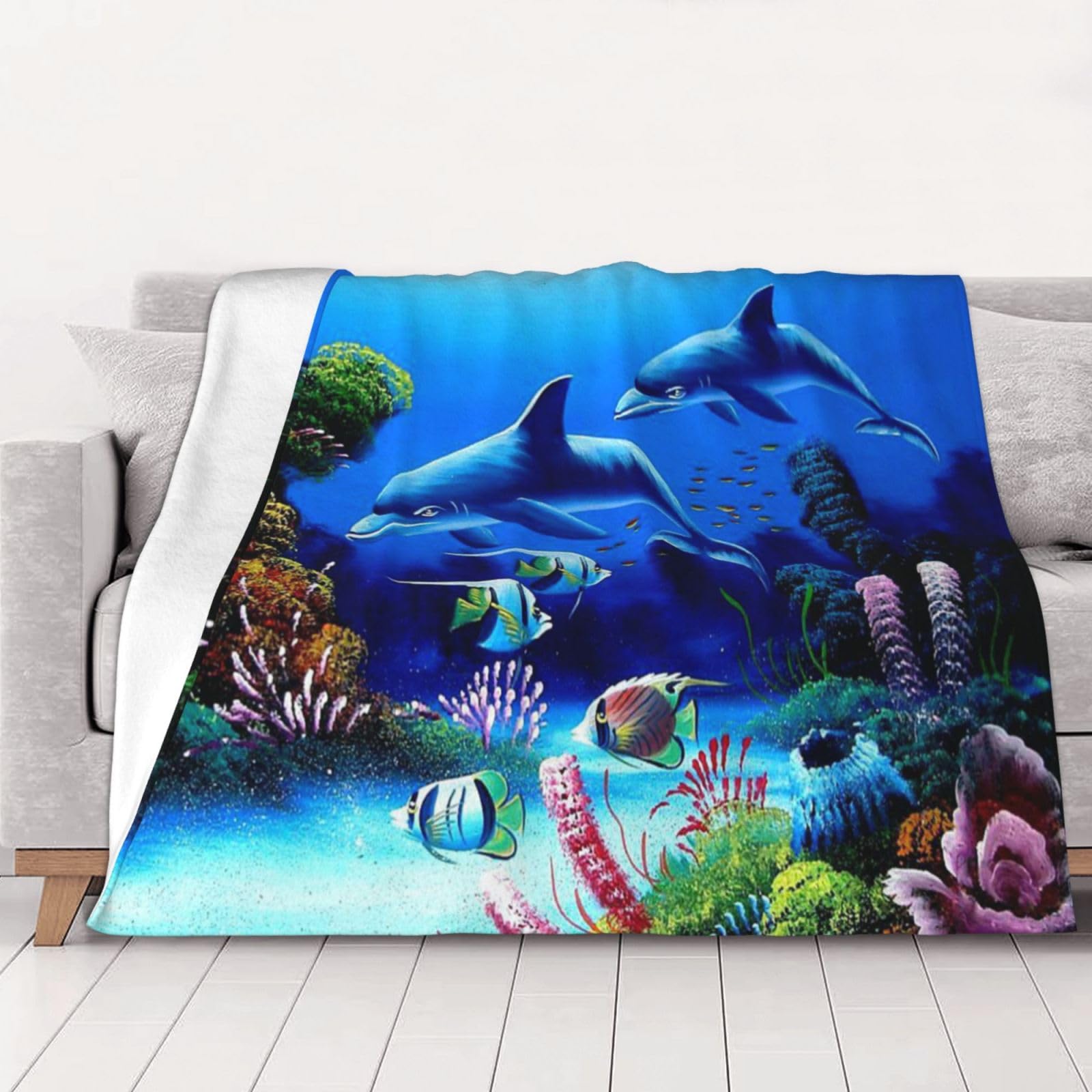 AUBKFELD Beautiful Underwater World Dolphins Coral Printed Flannel Blanket 150x125 CM, Soft & Warm Throw Blanket for Sofa/Couch/Bed/Car, Gifts for Audlts Women Men