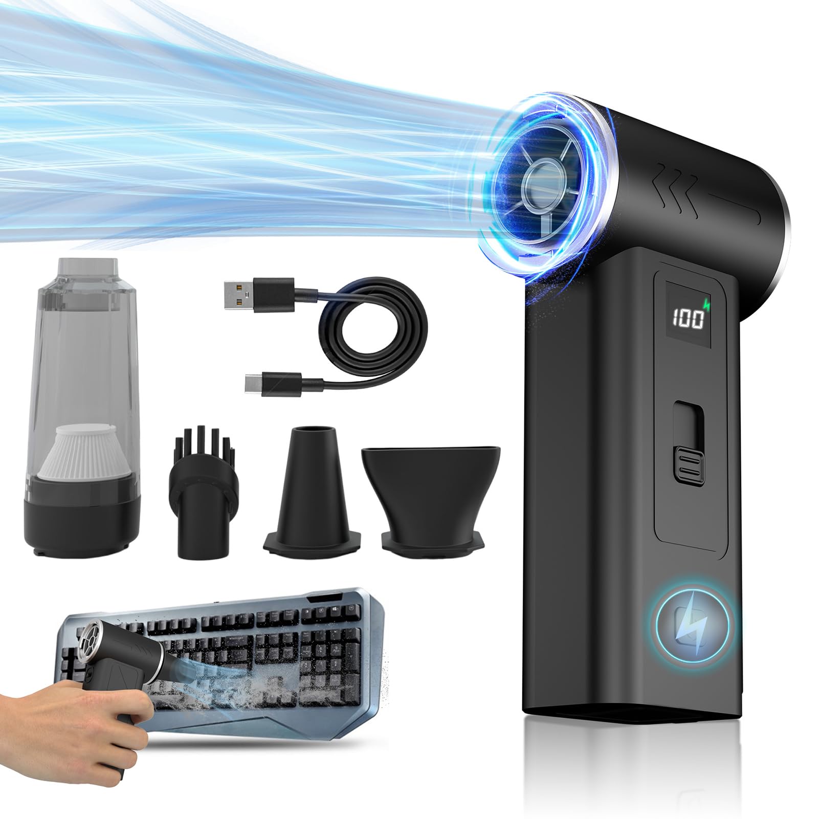 Buachois Soffiatore d'Aria Portatile Senza Fili, Ventilatore Turbo con Batteria Ricaricabile e 4 Ugelli per PC Fotocamera Auto, per Pulizia Tastiera Interno Auto Attrezza