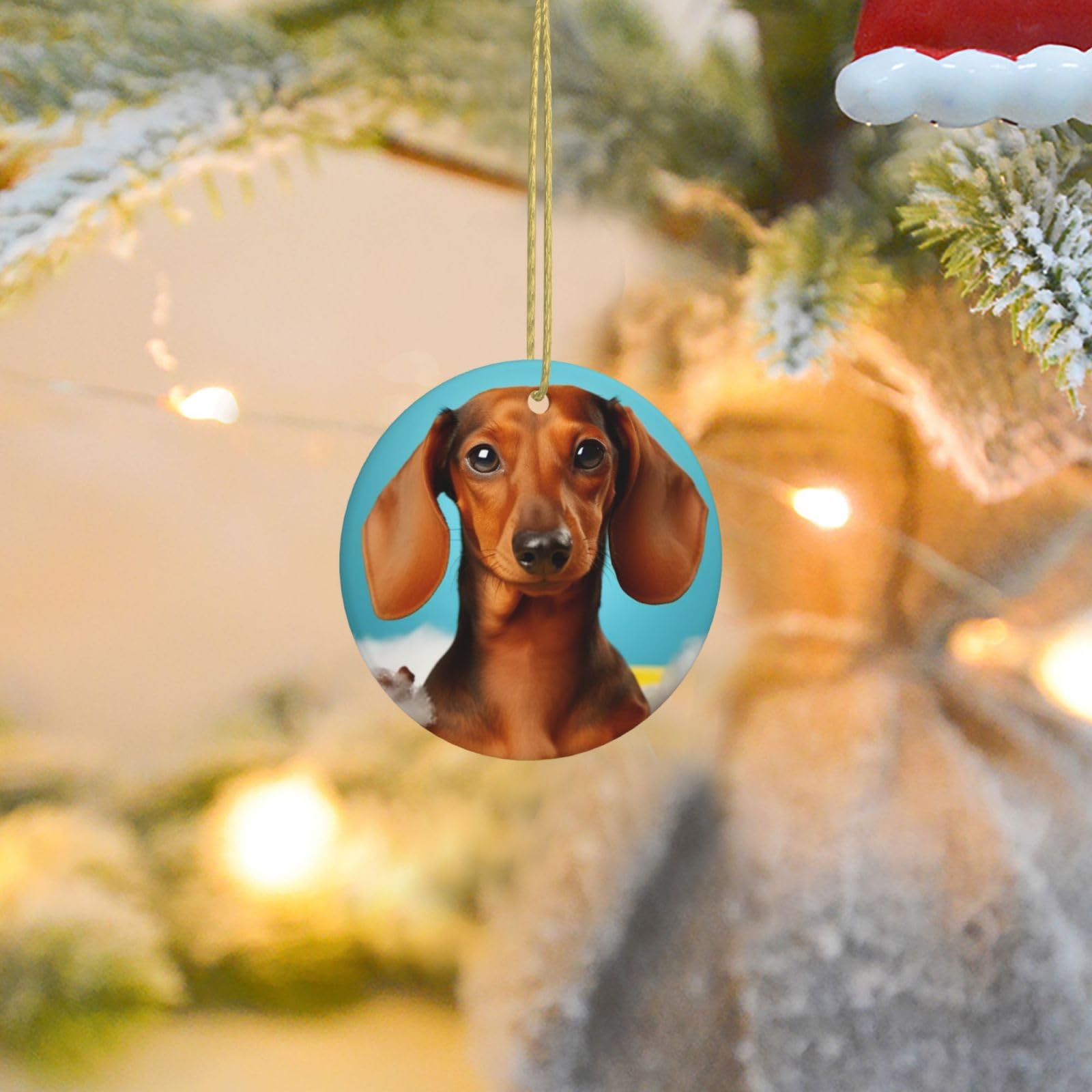Christmas Ornaments for Christmas Tree Decoration Ceramic Hanging Dachshund Dog Ornament with Gold Ribbon Crafts Round Pendant for Keepsake Gifts Glass Xmas Decor Party Supplies