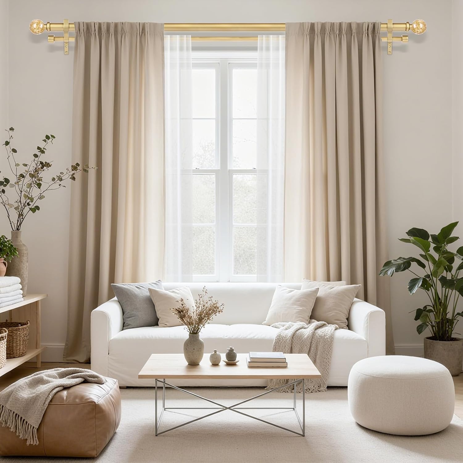 Gold Double Curtain Rods for Windows 120 to 170 Inch, Extra Long Dual Curtain Rod with Decorative Crystal Gold Foil Finial, 1" Adjustable Heavy Duty Vintage Spliced Window Treatment Rods