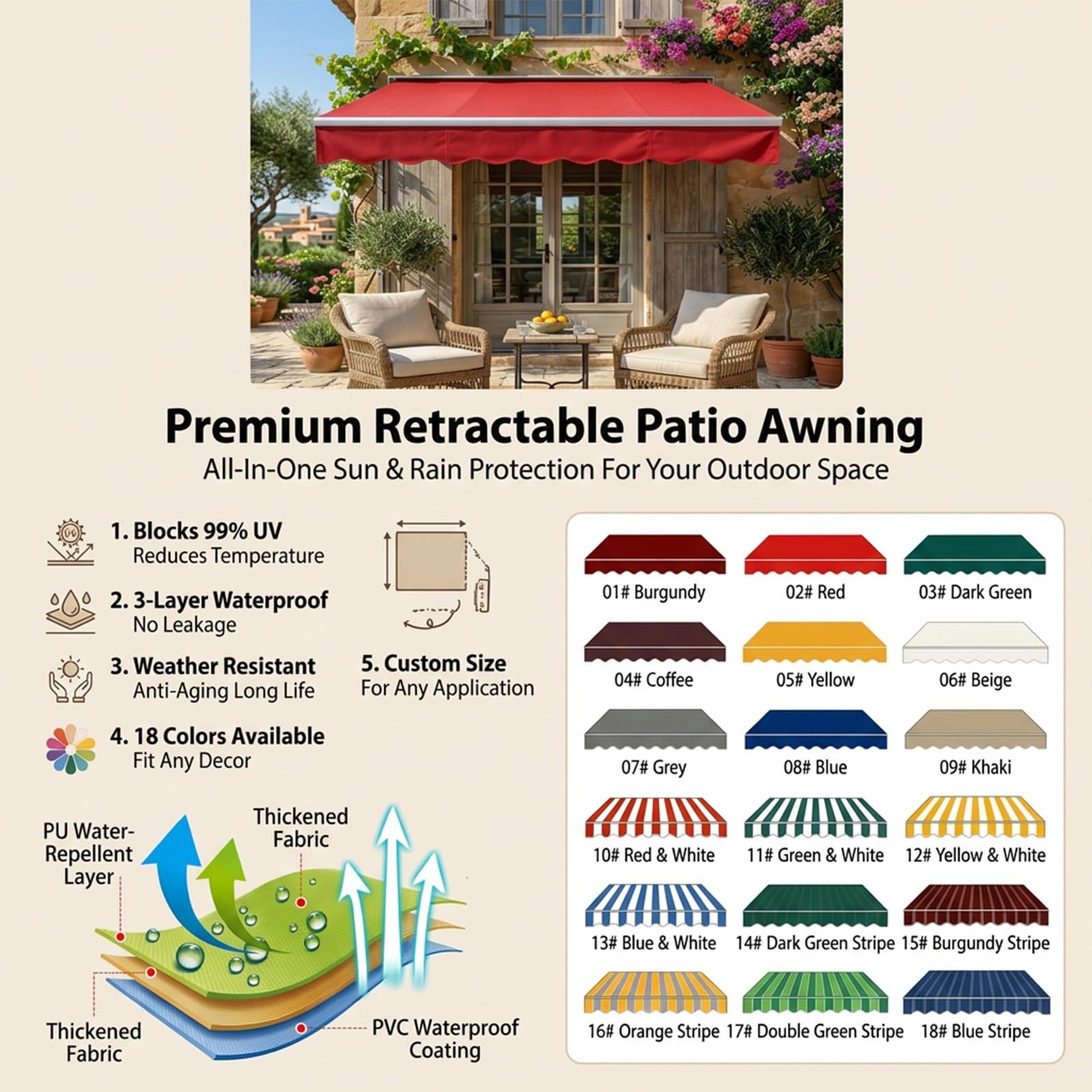 Store Retractable Exterieur，Toile De Remplacement Store Banne，Anti Chaleur Exterieur，Anti UV，Armature Non Incluse, Suitable for Patios and Shops.(Style E,13x9.8ft(3.9x2.9m))